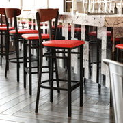 Wright Commercial Barstool with 500 LB. Capacity Black Steel Frame, Walnut Finish Wooden Boomerang Back, and Red Vinyl Seat
