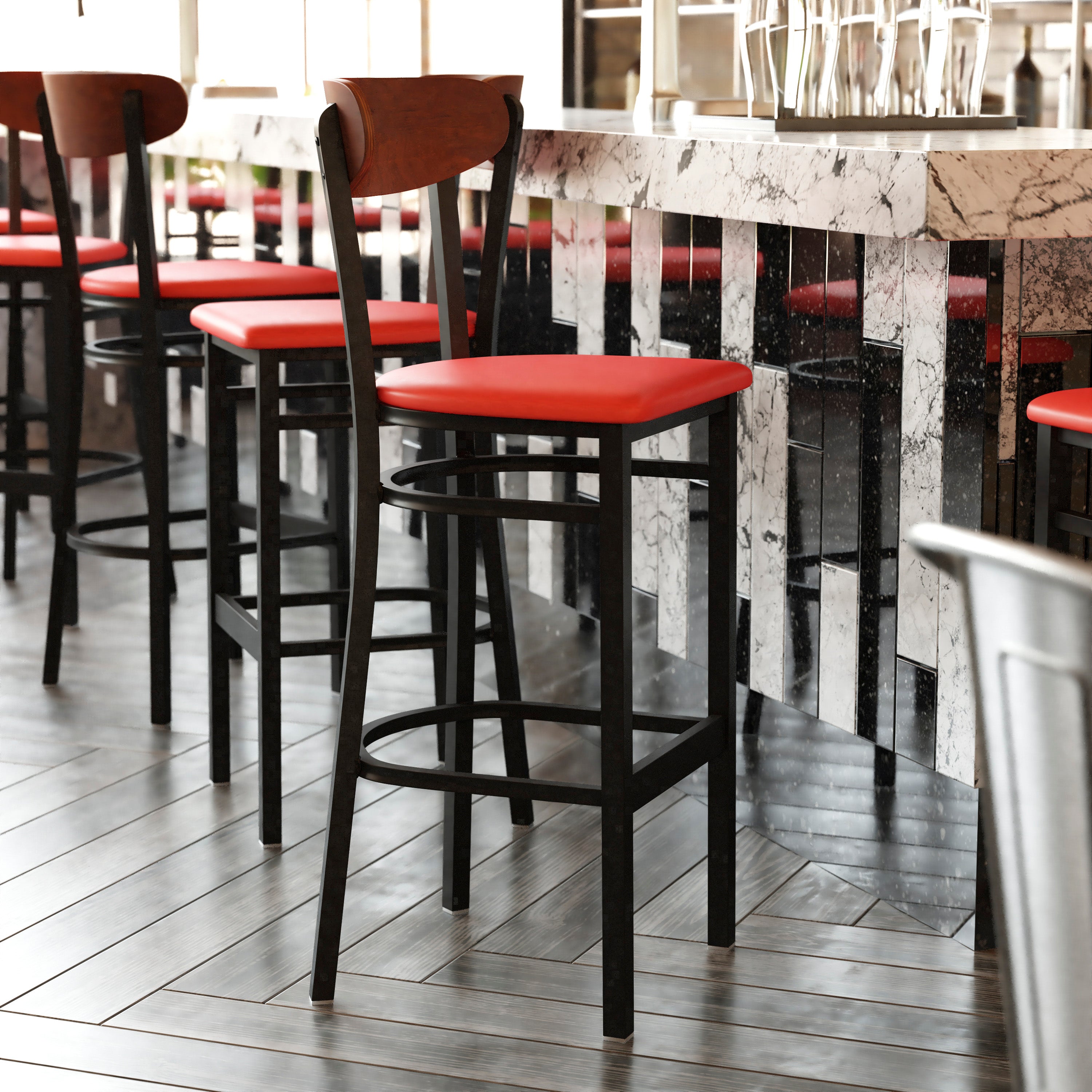 Wright Commercial Barstool with 500 LB. Capacity Black Steel Frame, Walnut Finish Wooden Boomerang Back, and Red Vinyl Seat