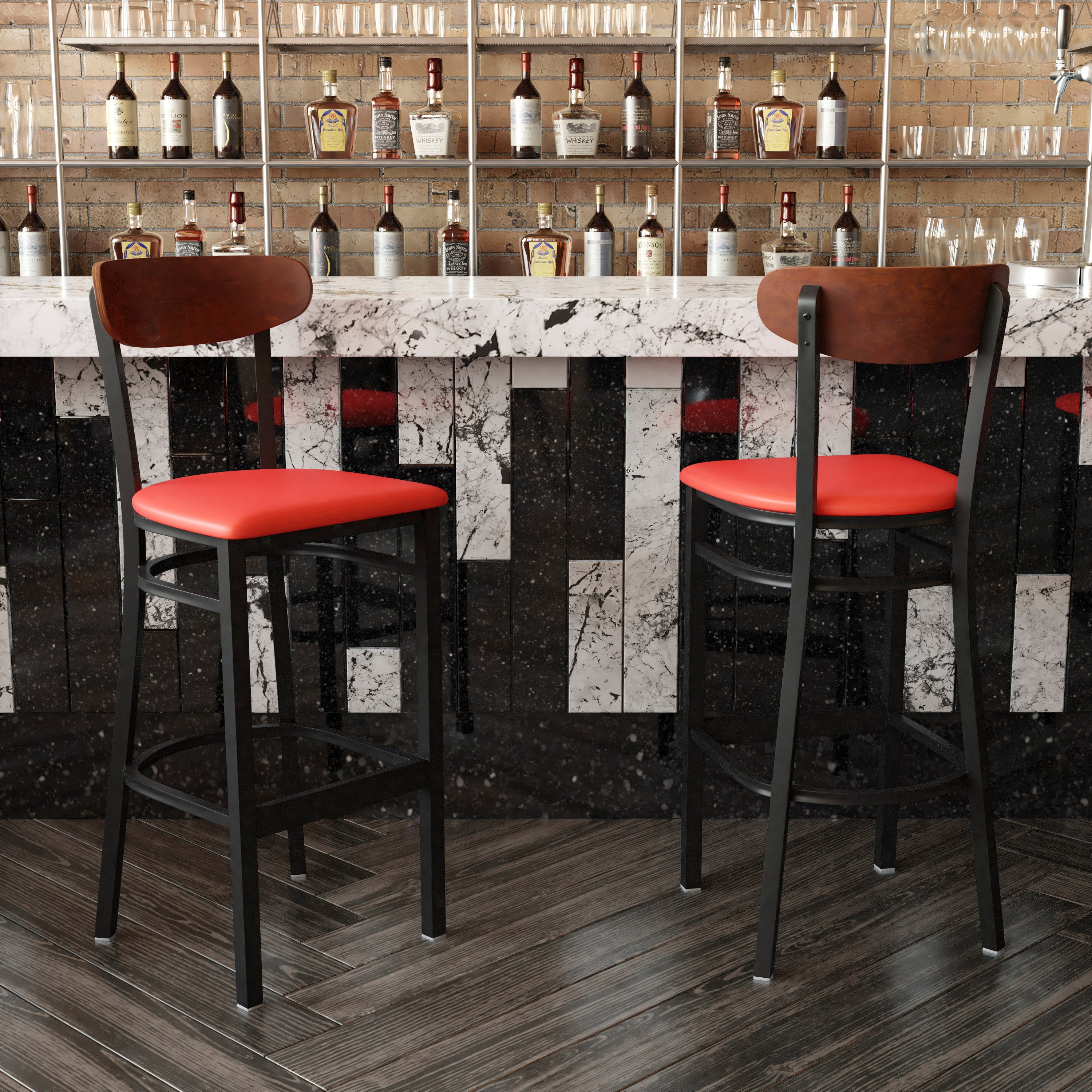 Wright Commercial Barstool with 500 LB. Capacity Black Steel Frame, Walnut Finish Wooden Boomerang Back, and Red Vinyl Seat