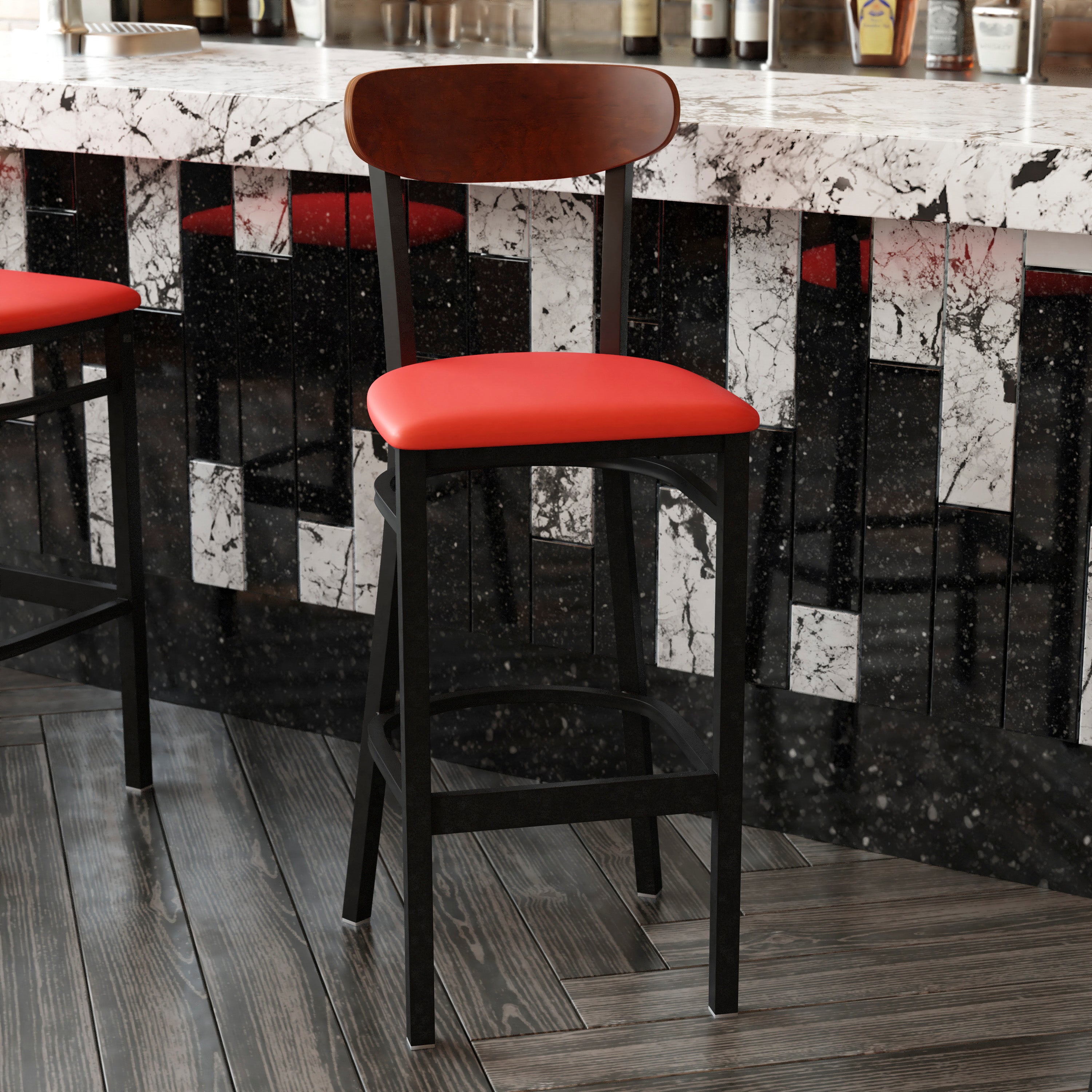 Wright Commercial Barstool with 500 LB. Capacity Black Steel Frame, Walnut Finish Wooden Boomerang Back, and Red Vinyl Seat