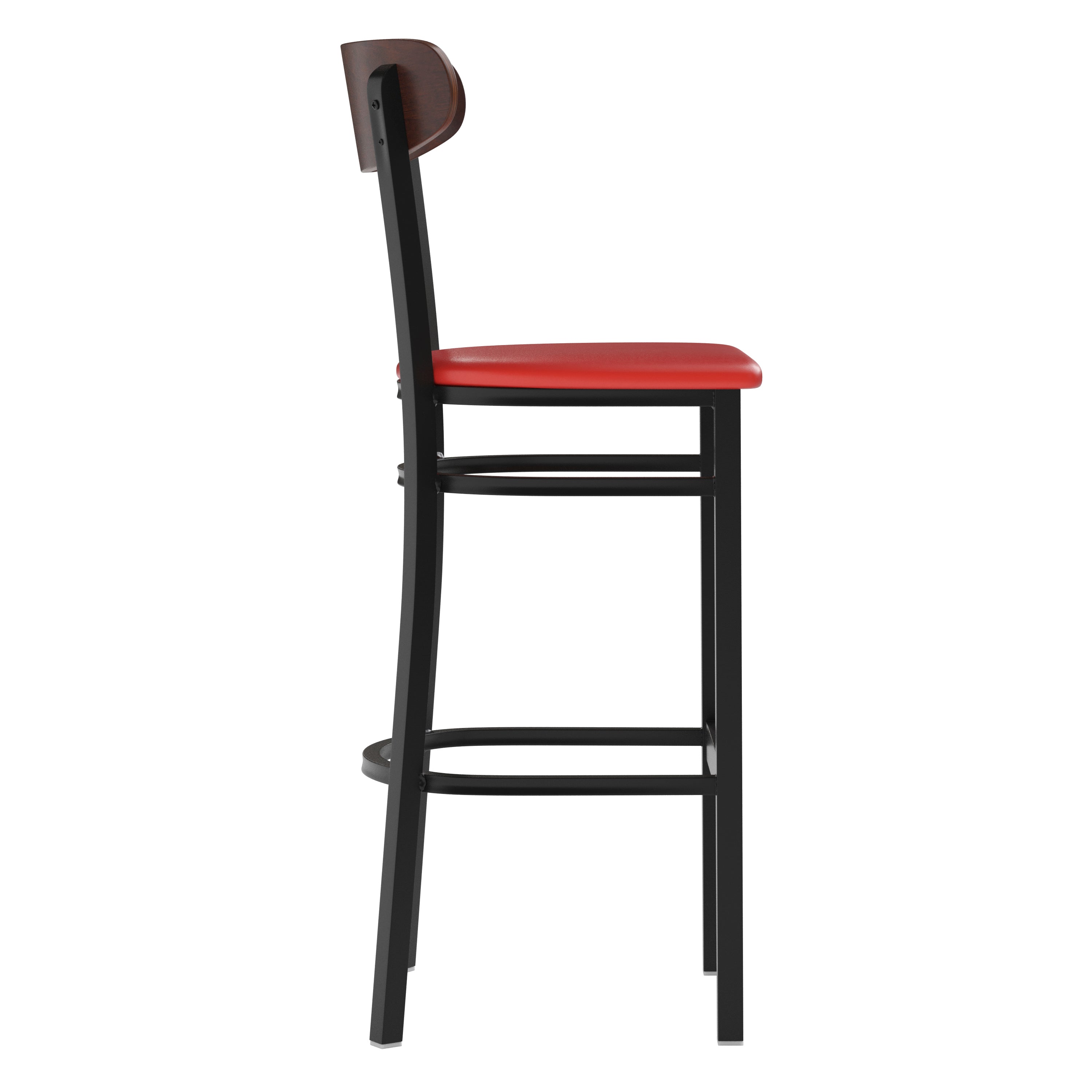 Wright Commercial Barstool with 500 LB. Capacity Black Steel Frame, Walnut Finish Wooden Boomerang Back, and Red Vinyl Seat