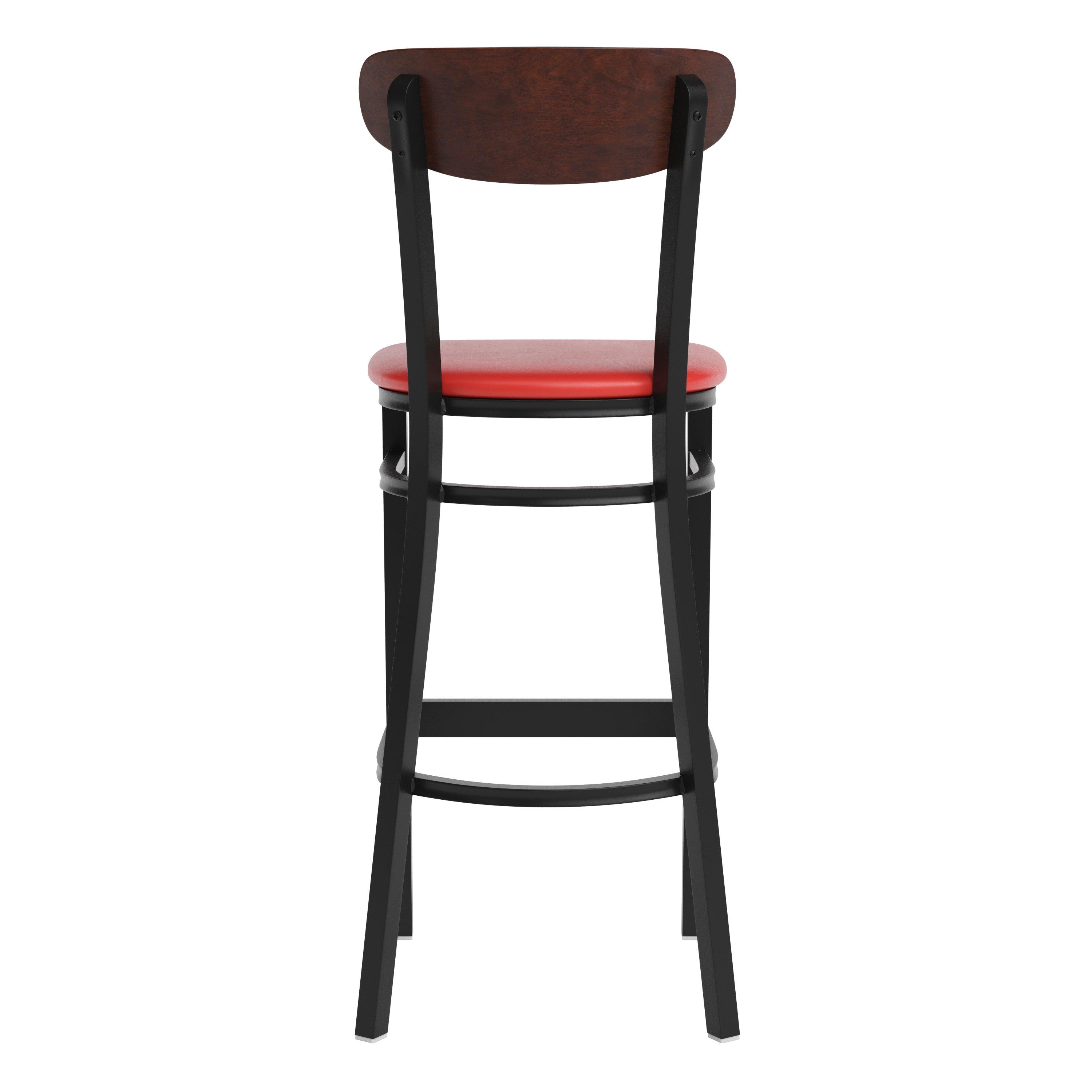 Wright Commercial Barstool with 500 LB. Capacity Black Steel Frame, Walnut Finish Wooden Boomerang Back, and Red Vinyl Seat