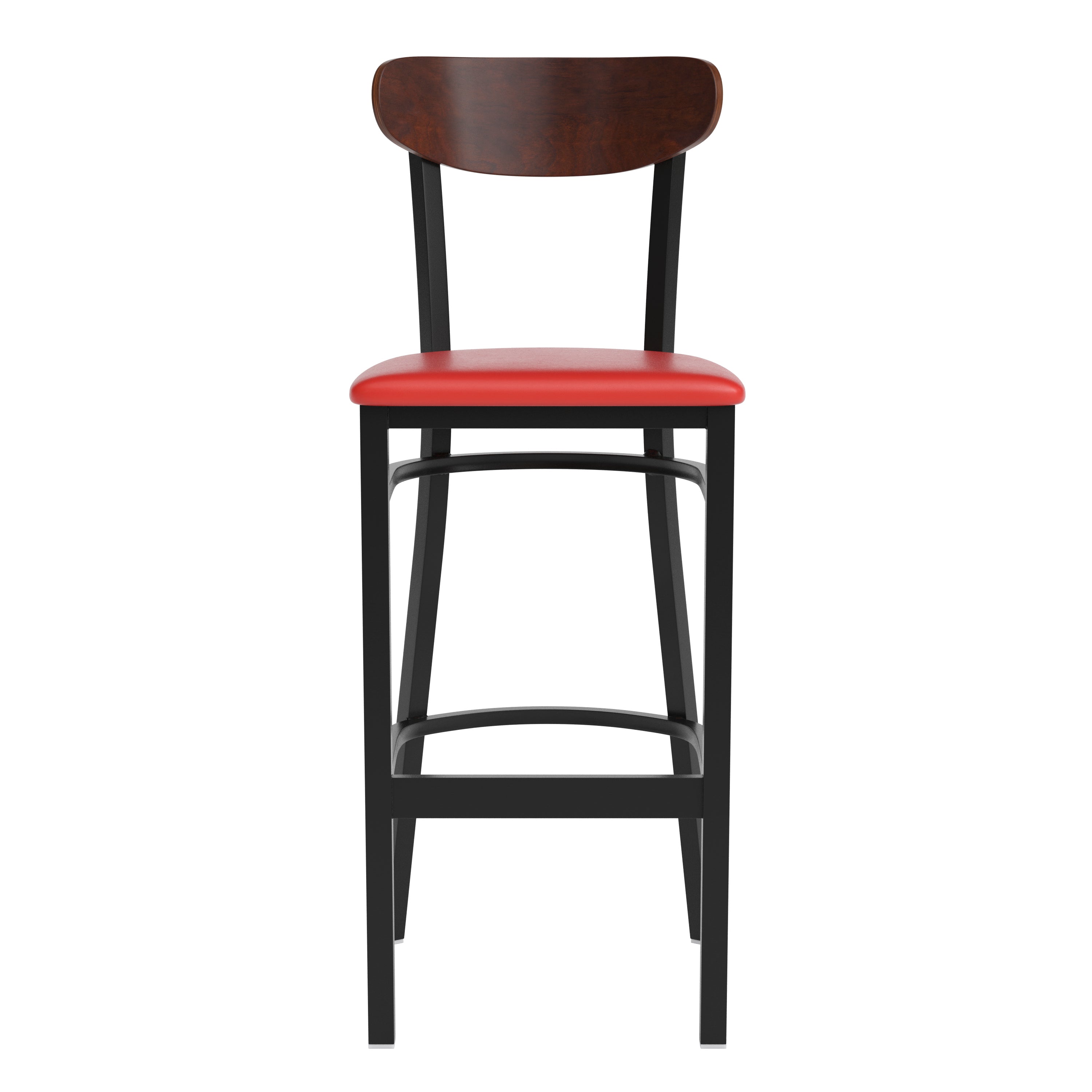 Wright Commercial Barstool with 500 LB. Capacity Black Steel Frame, Walnut Finish Wooden Boomerang Back, and Red Vinyl Seat
