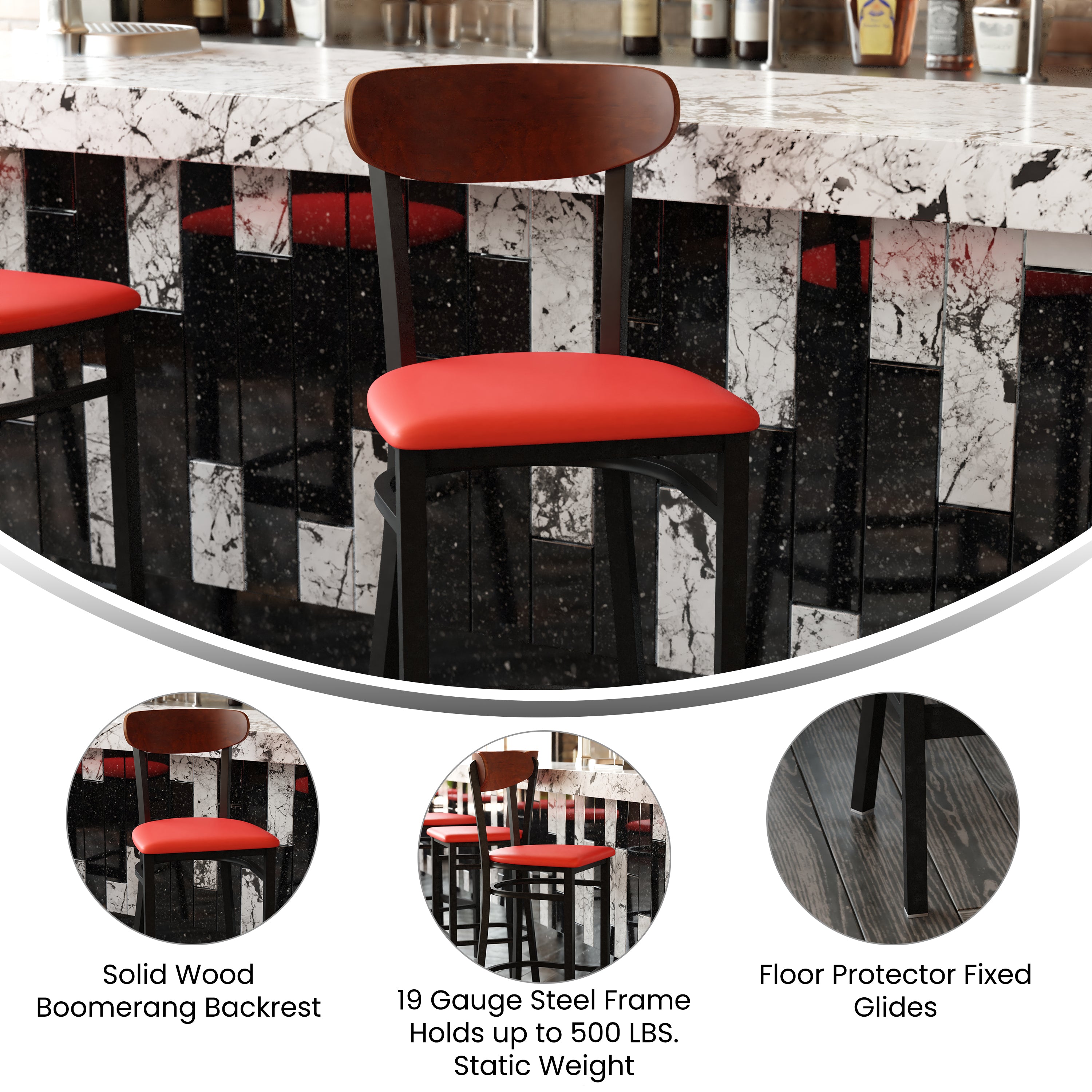Wright Commercial Barstool with 500 LB. Capacity Black Steel Frame, Walnut Finish Wooden Boomerang Back, and Red Vinyl Seat