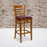 HERCULES Series Ladder Back Cherry Wood Restaurant Barstool - Burgundy Vinyl Seat