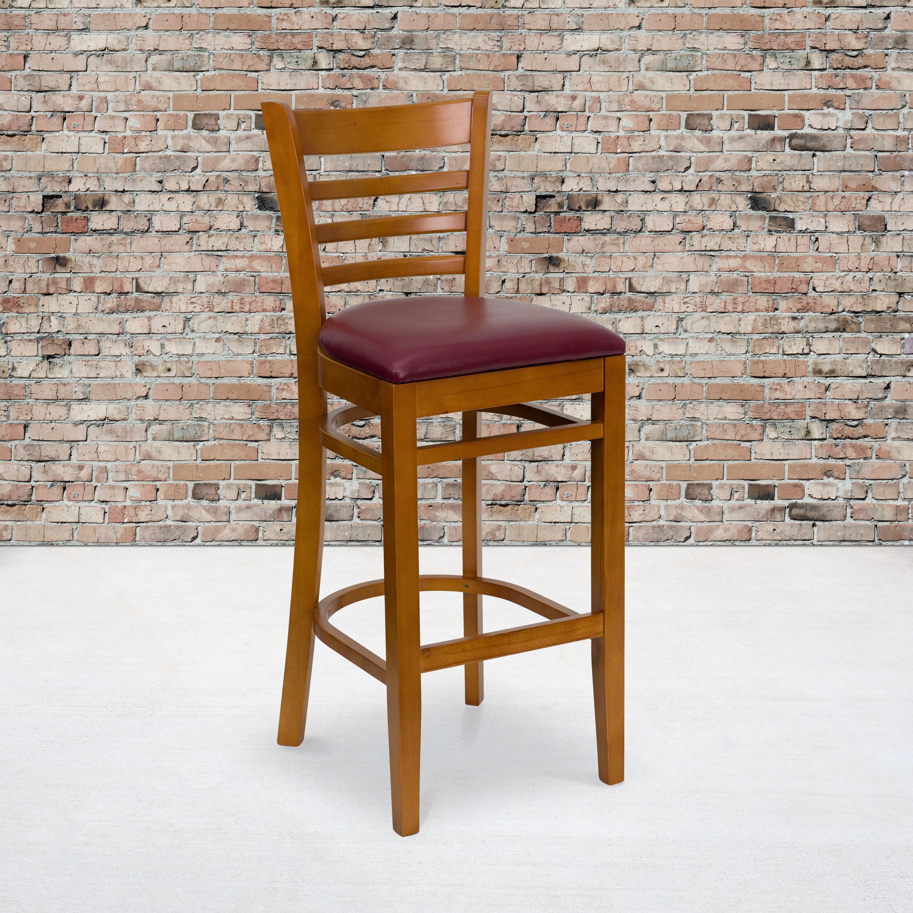 HERCULES Series Ladder Back Cherry Wood Restaurant Barstool - Burgundy Vinyl Seat