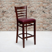 HERCULES Series Ladder Back Mahogany Wood Restaurant Barstool - Burgundy Vinyl Seat
