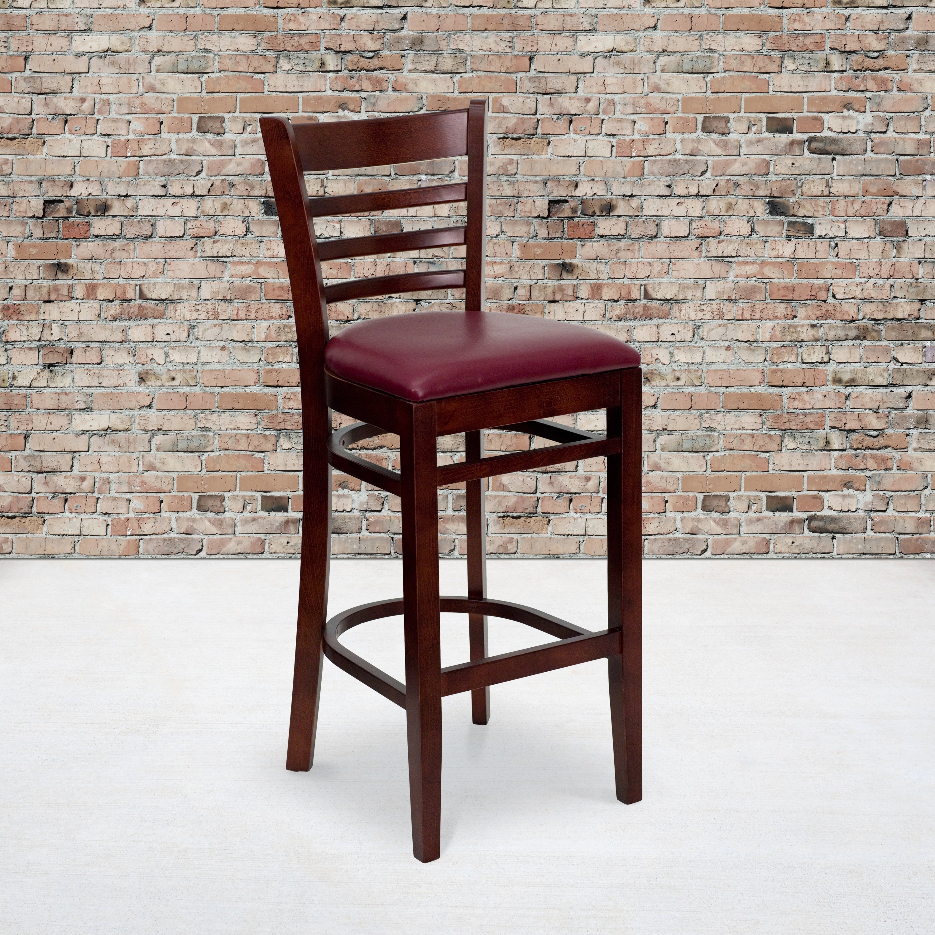 HERCULES Series Ladder Back Mahogany Wood Restaurant Barstool - Burgundy Vinyl Seat