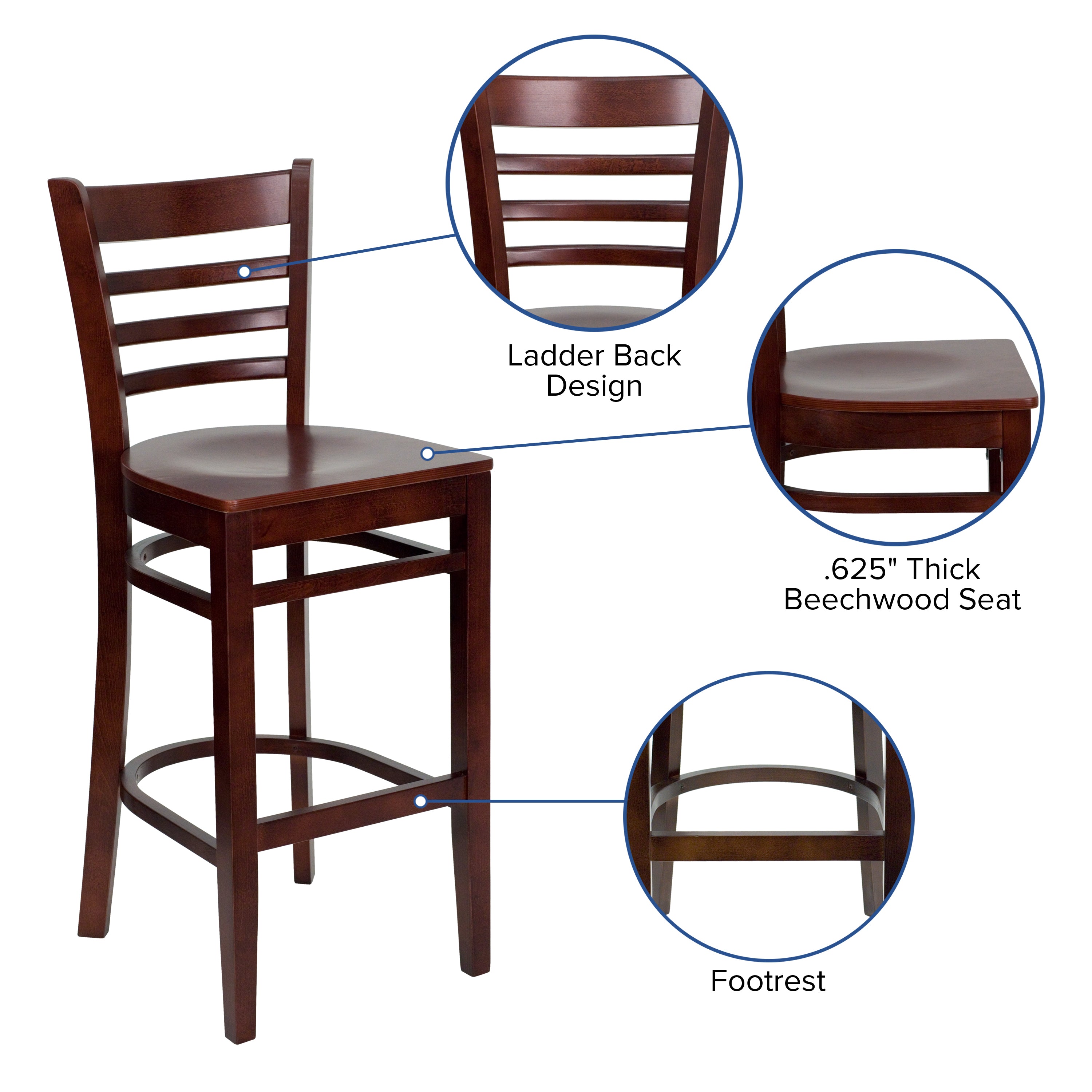 HERCULES Series Ladder Back Mahogany Wood Restaurant Barstool