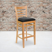 HERCULES Series Ladder Back Natural Wood Restaurant Barstool - Black Vinyl Seat
