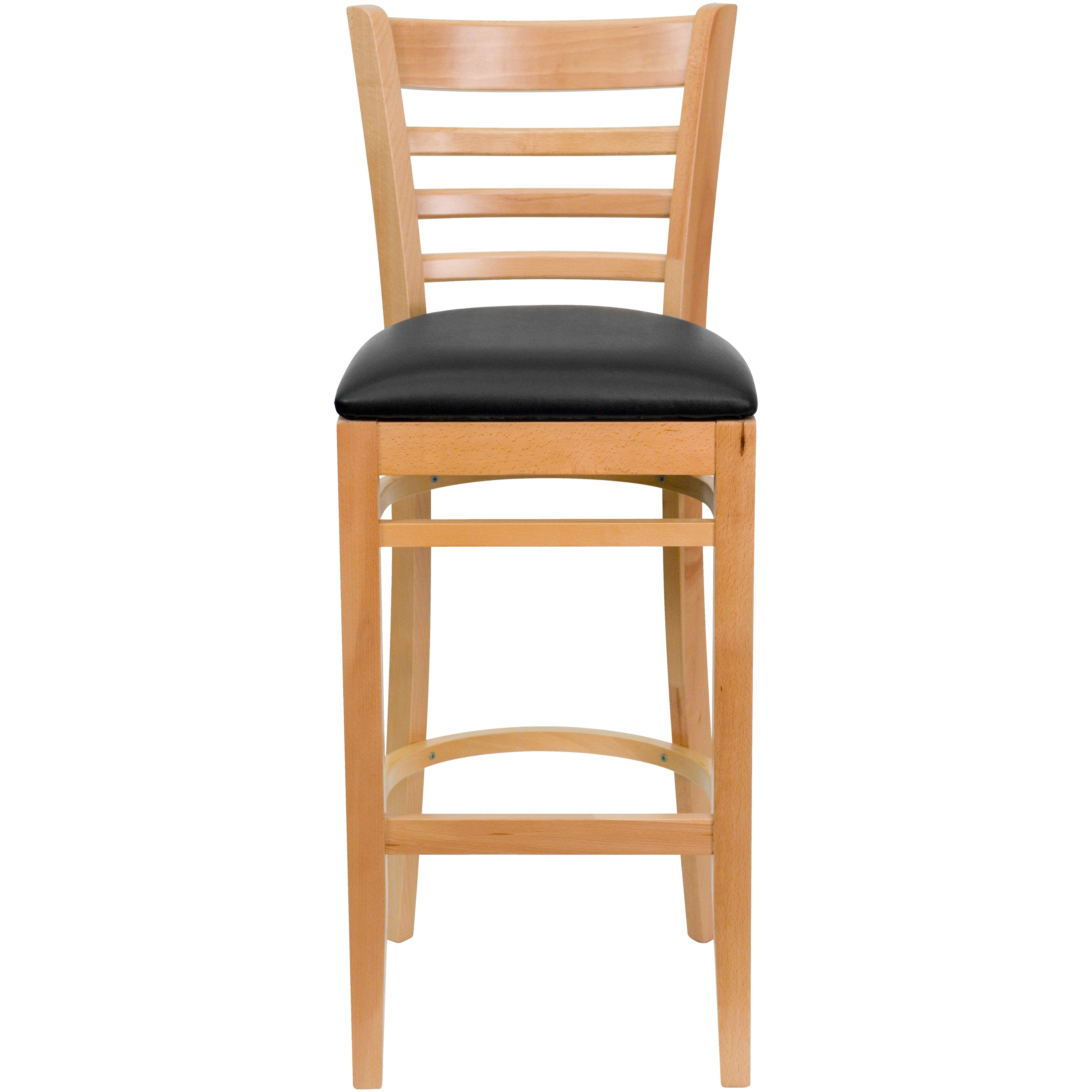 HERCULES Series Ladder Back Natural Wood Restaurant Barstool - Black Vinyl Seat