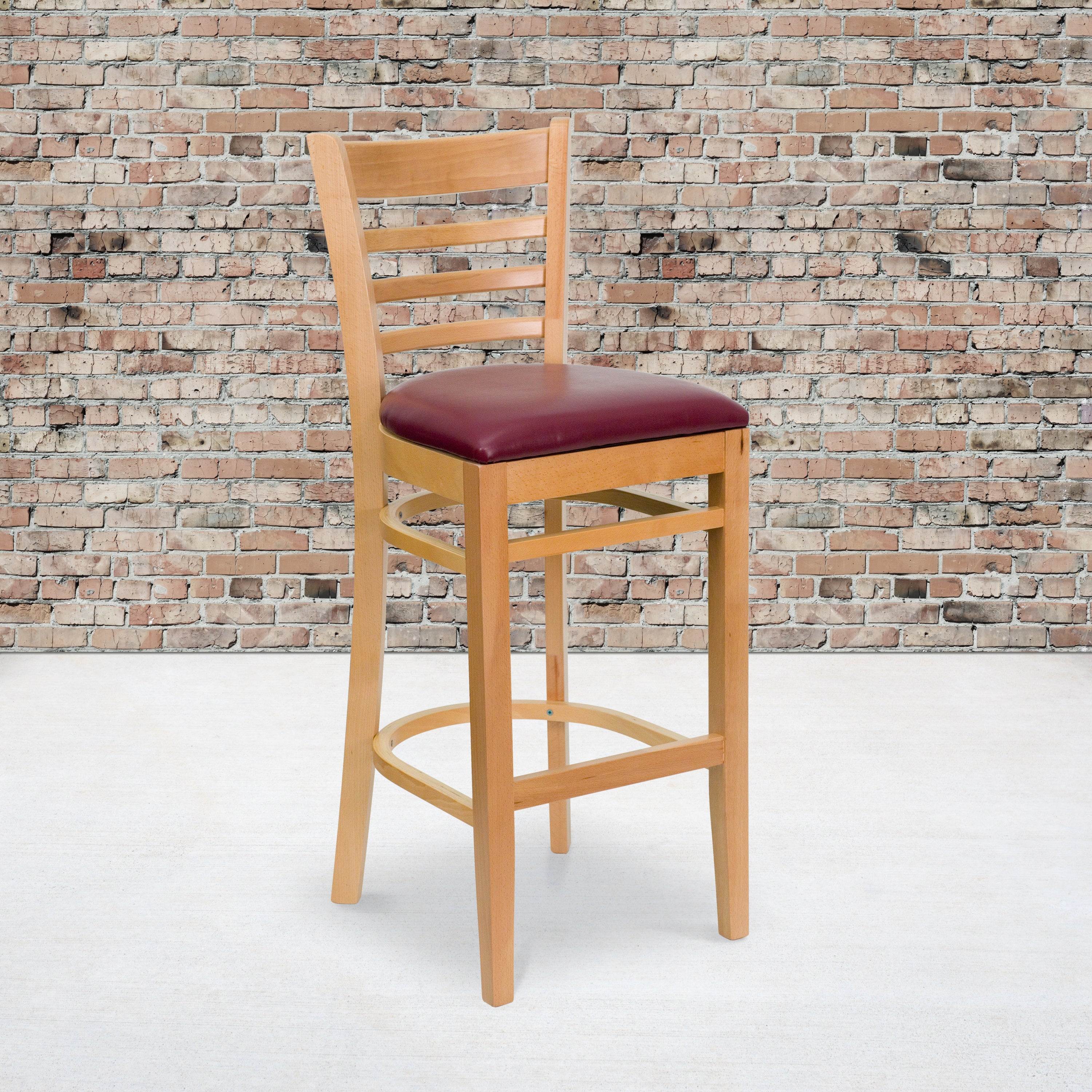 HERCULES Series Ladder Back Natural Wood Restaurant Barstool - Burgundy Vinyl Seat