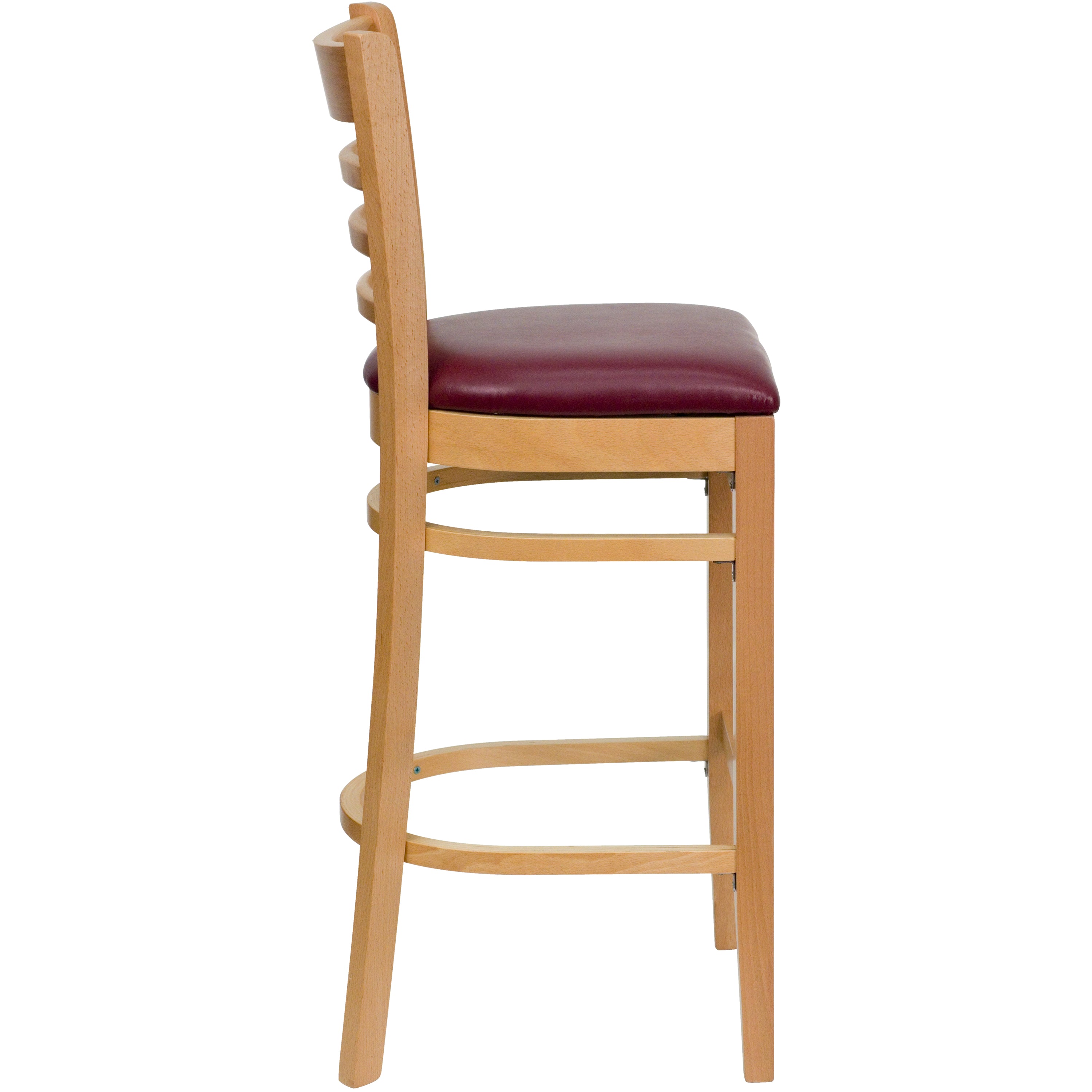 HERCULES Series Ladder Back Natural Wood Restaurant Barstool - Burgundy Vinyl Seat