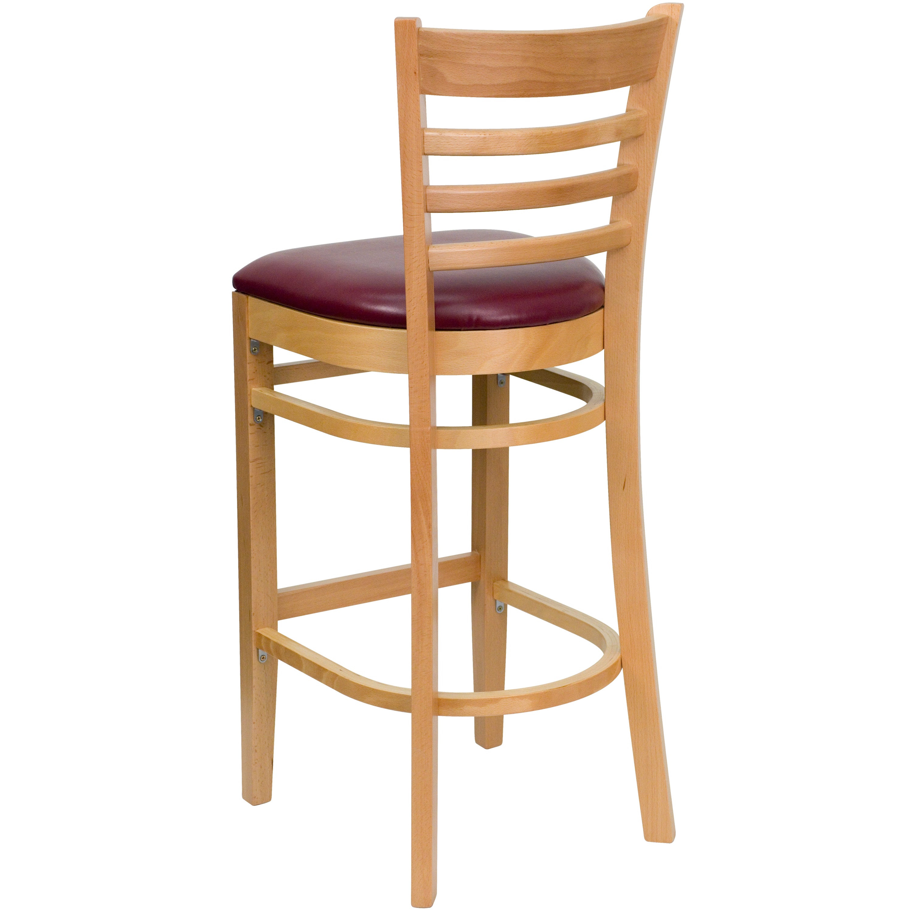 HERCULES Series Ladder Back Natural Wood Restaurant Barstool - Burgundy Vinyl Seat