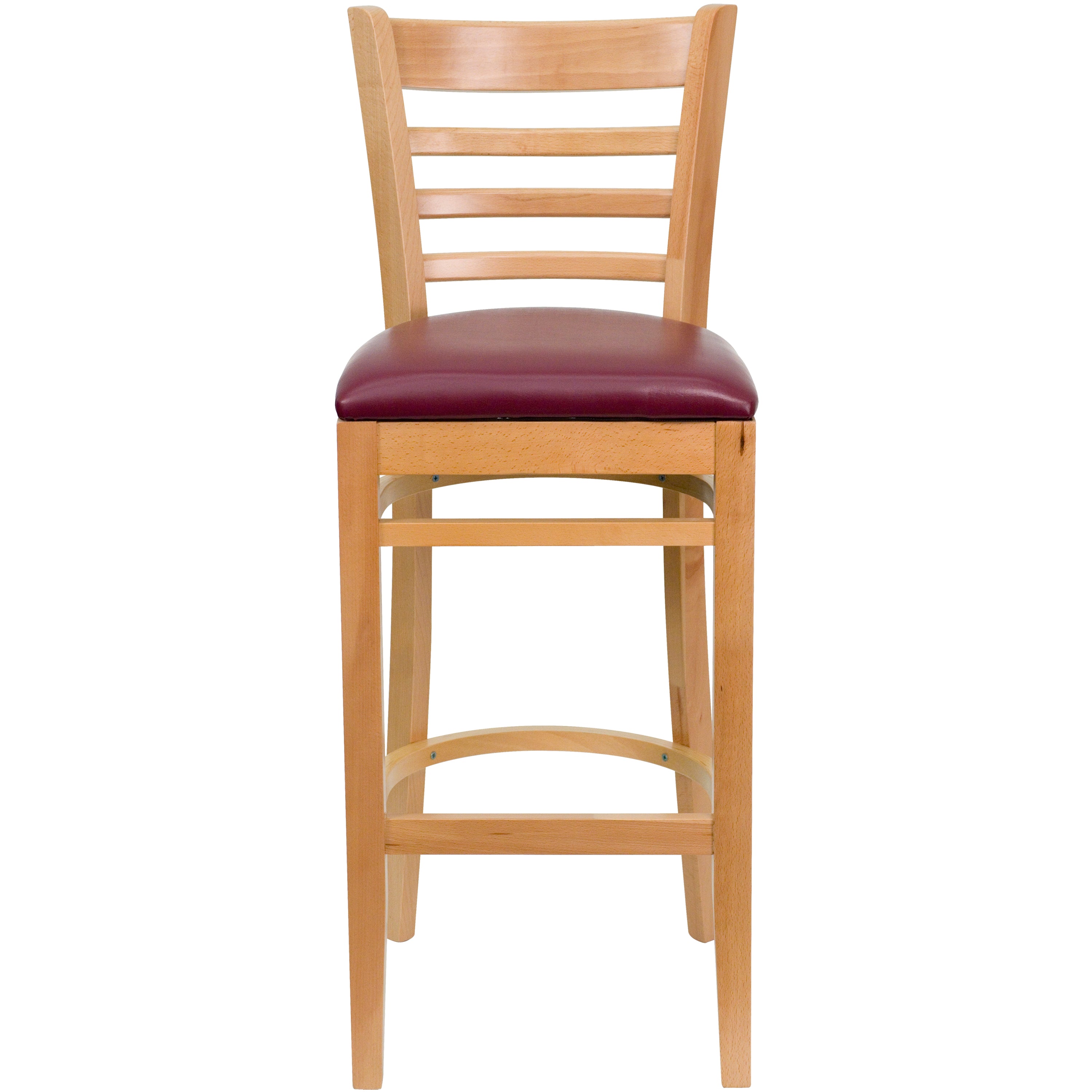HERCULES Series Ladder Back Natural Wood Restaurant Barstool - Burgundy Vinyl Seat