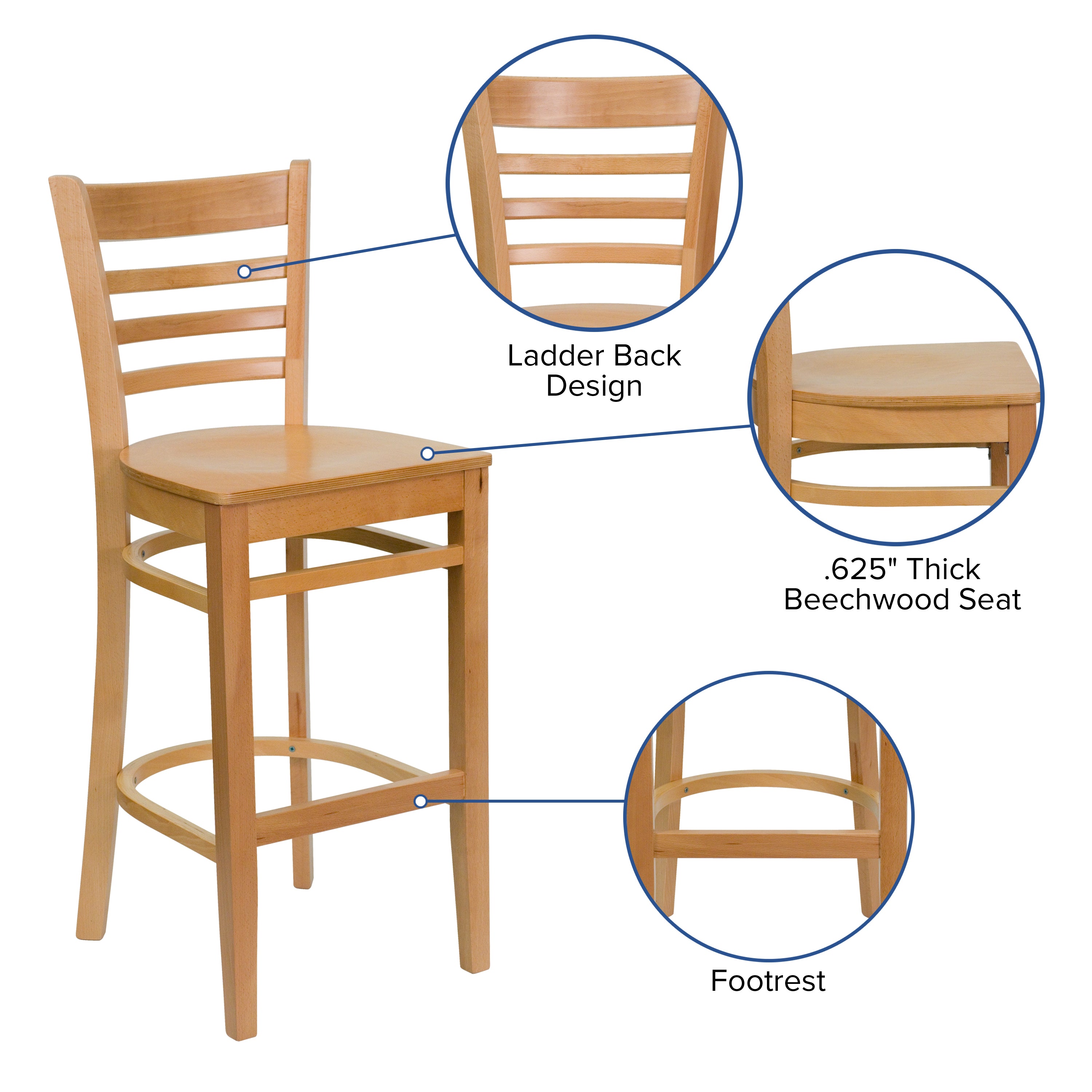 HERCULES Series Ladder Back Natural Wood Restaurant Barstool