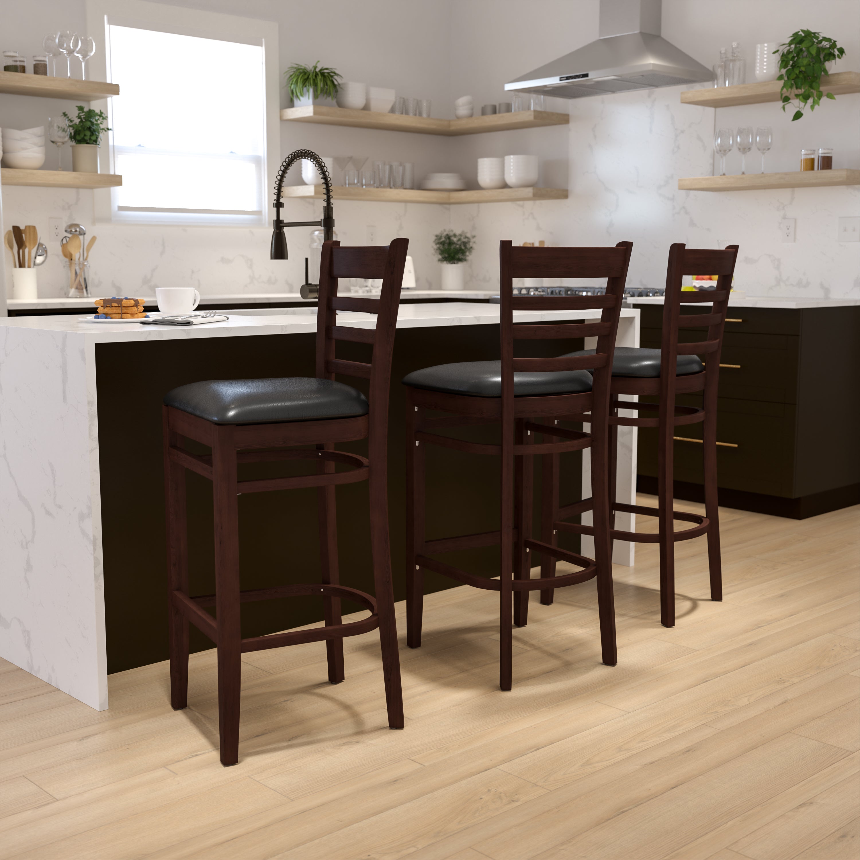 HERCULES Series Ladder Back Walnut Wood Restaurant Barstool - Black Vinyl Seat