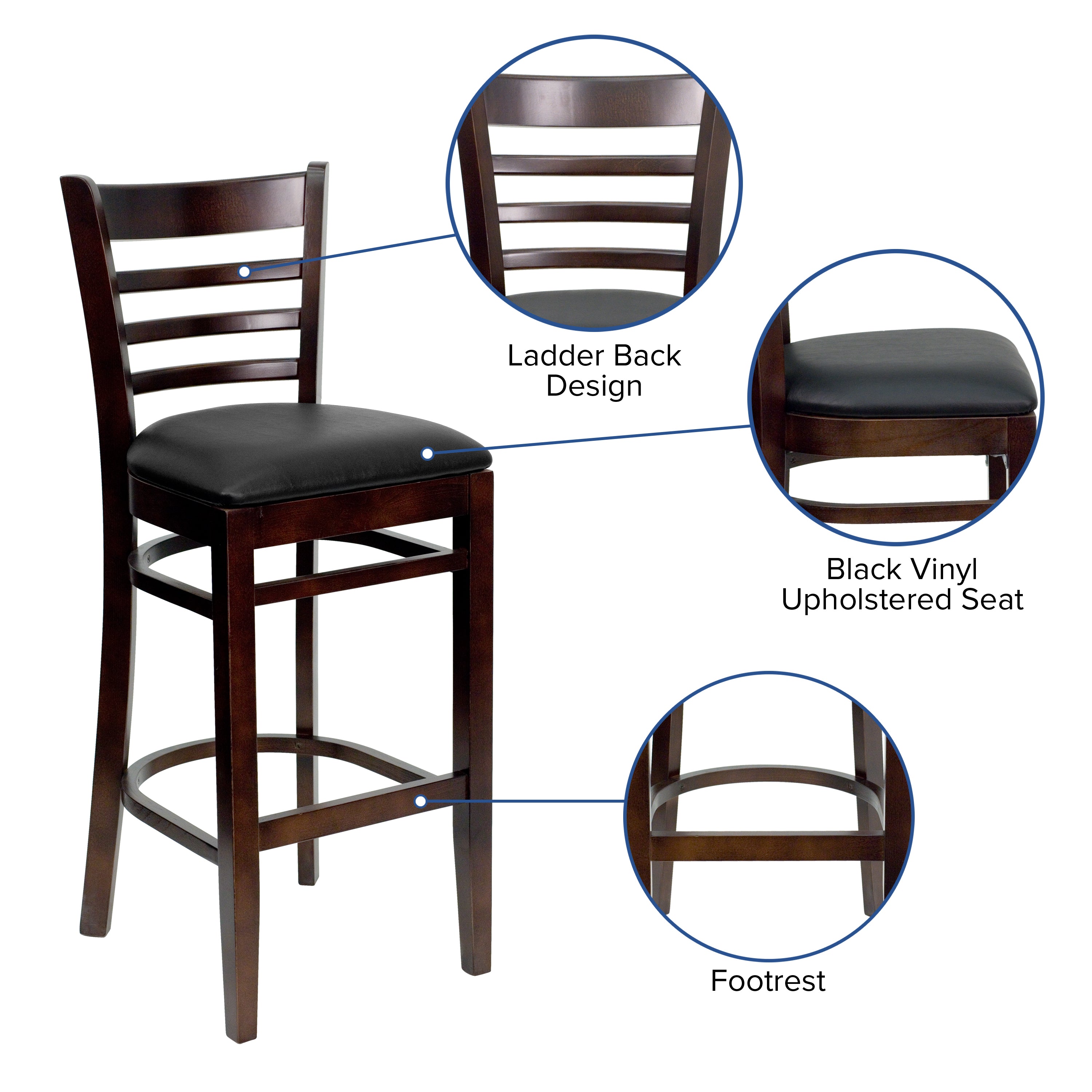 HERCULES Series Ladder Back Walnut Wood Restaurant Barstool - Black Vinyl Seat
