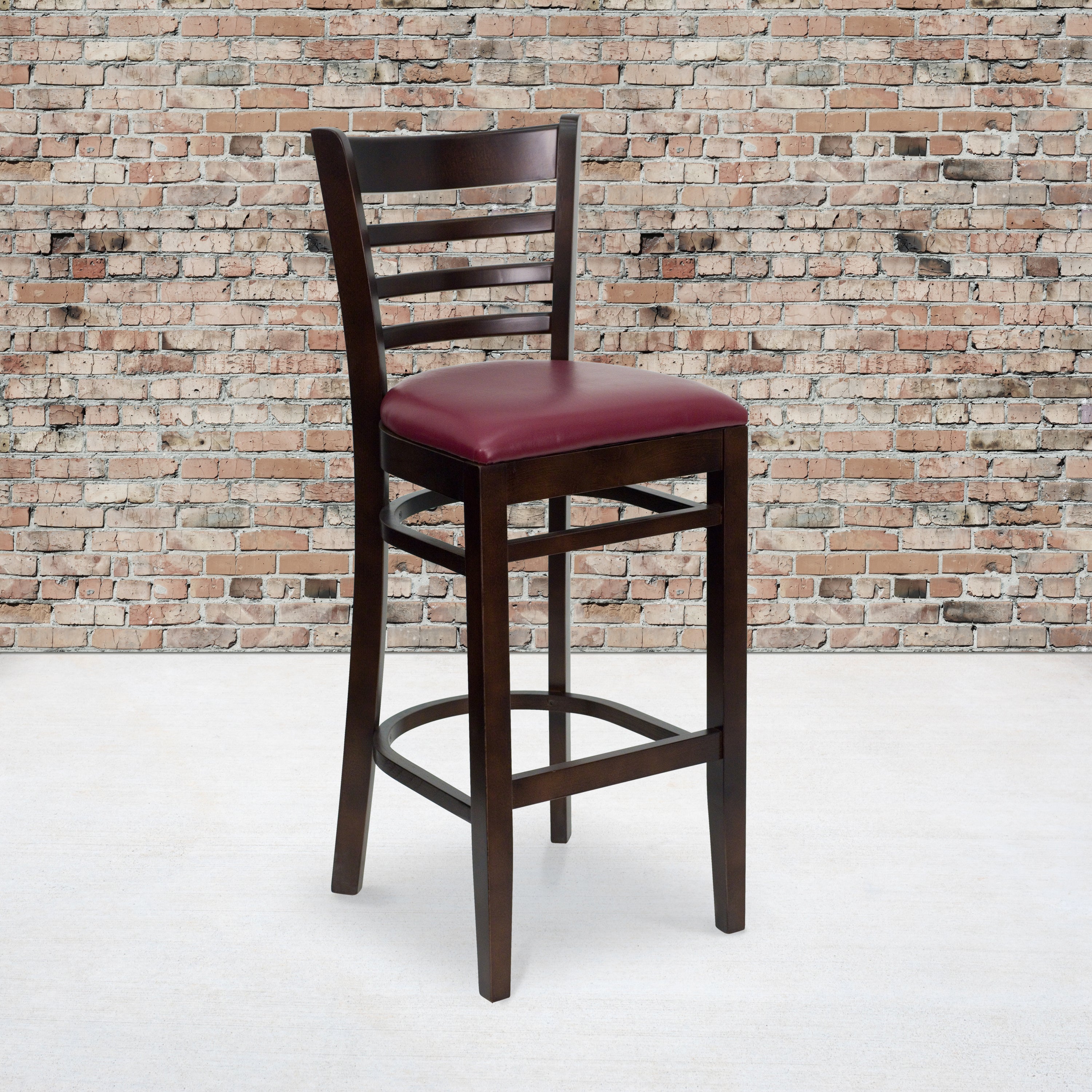HERCULES Series Ladder Back Walnut Wood Restaurant Barstool - Burgundy Vinyl Seat