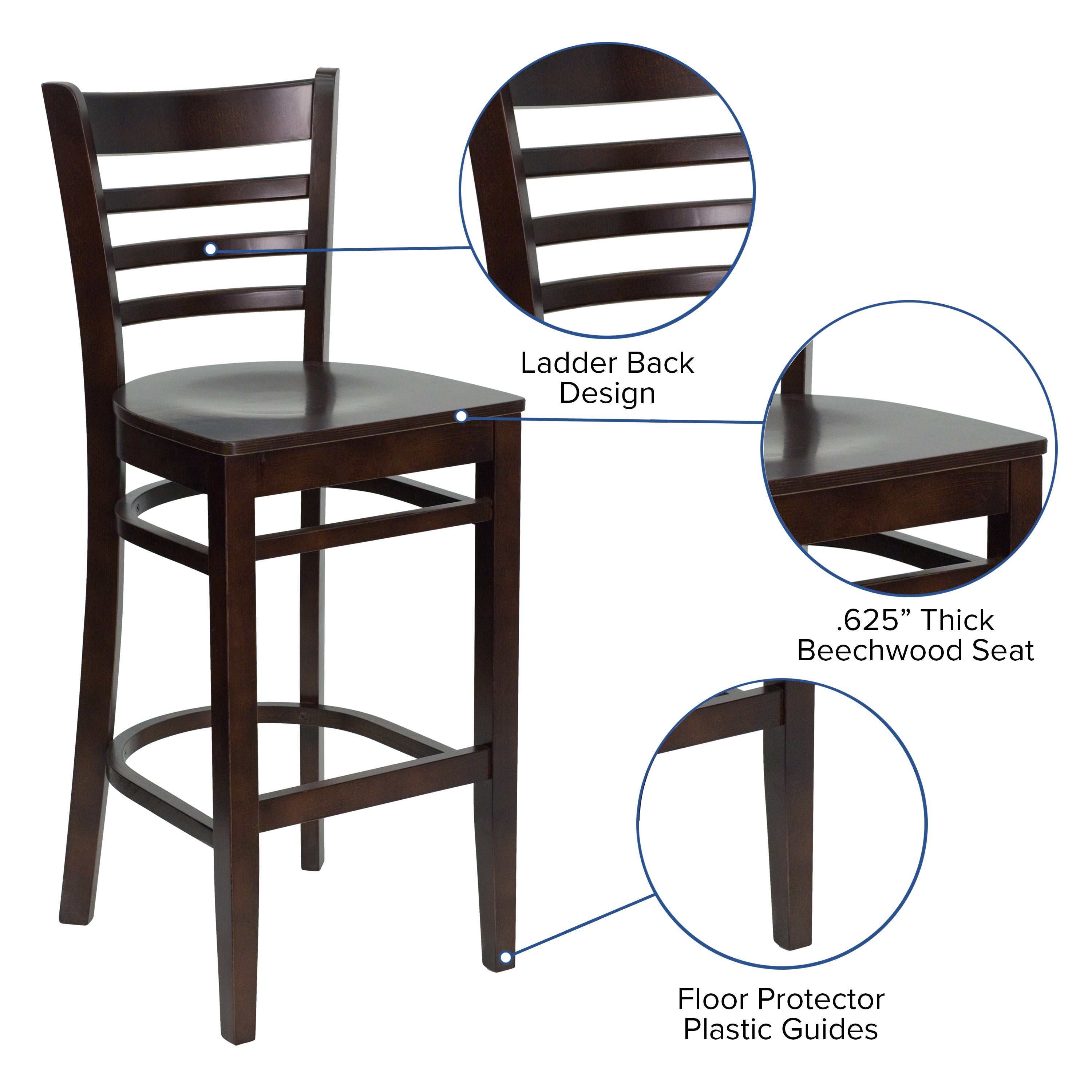 HERCULES Series Ladder Back Walnut Wood Restaurant Barstool