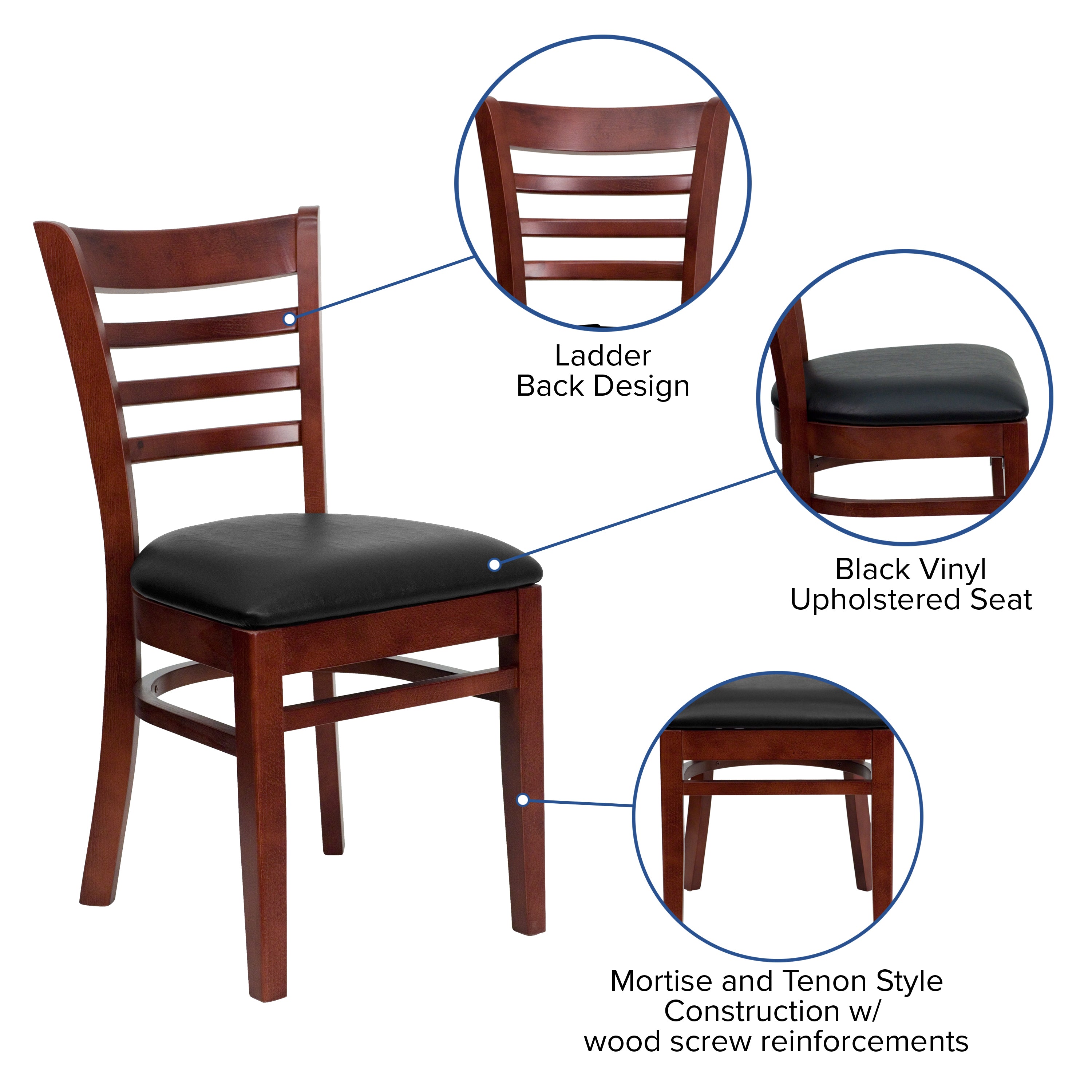 HERCULES Series Ladder Back Mahogany Wood Restaurant Chair - Black Vinyl Seat