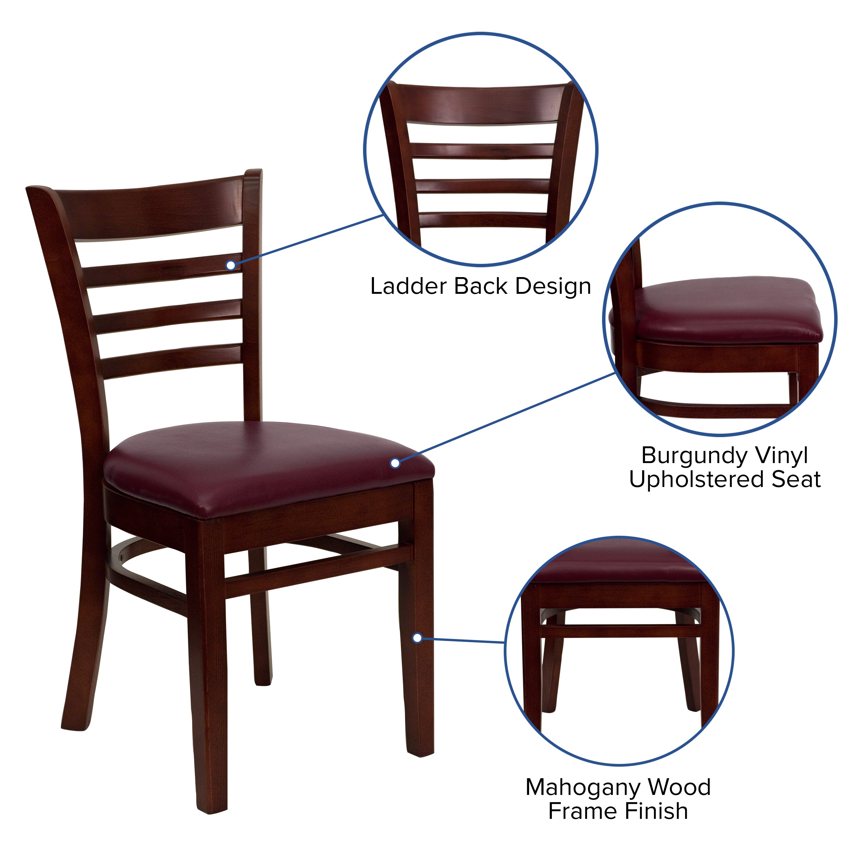 HERCULES Series Ladder Back Mahogany Wood Restaurant Chair - Burgundy Vinyl Seat