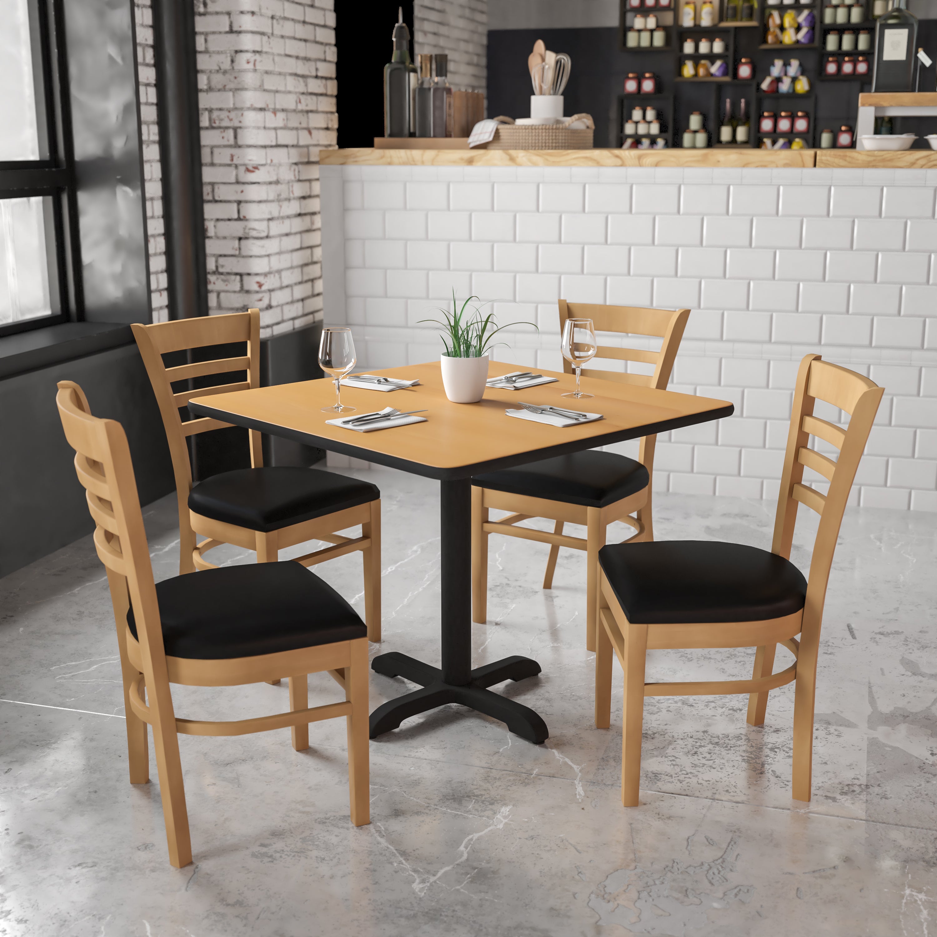 HERCULES Series Ladder Back Natural Wood Restaurant Chair - Black Vinyl Seat