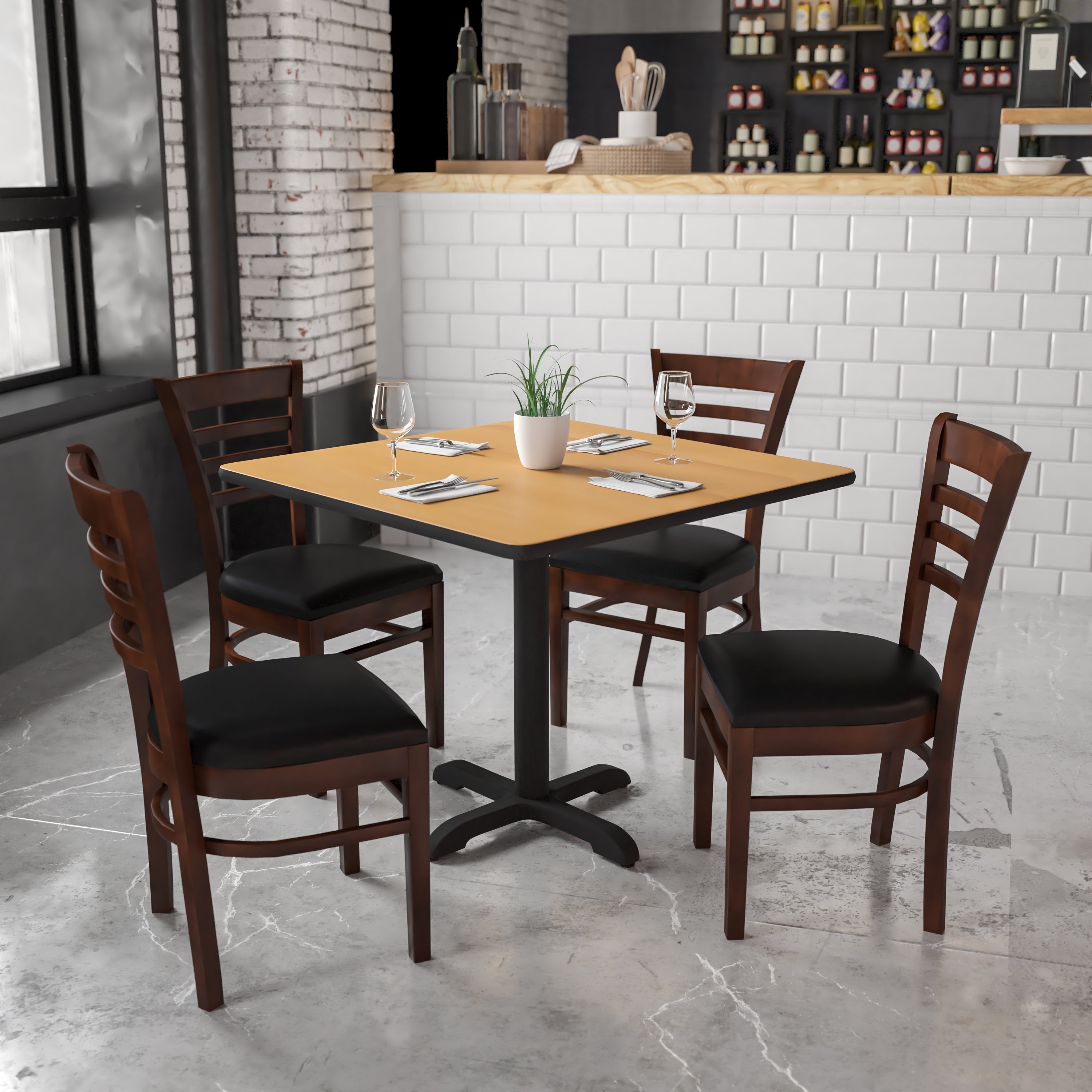 HERCULES Series Ladder Back Walnut Wood Restaurant Chair - Black Vinyl Seat