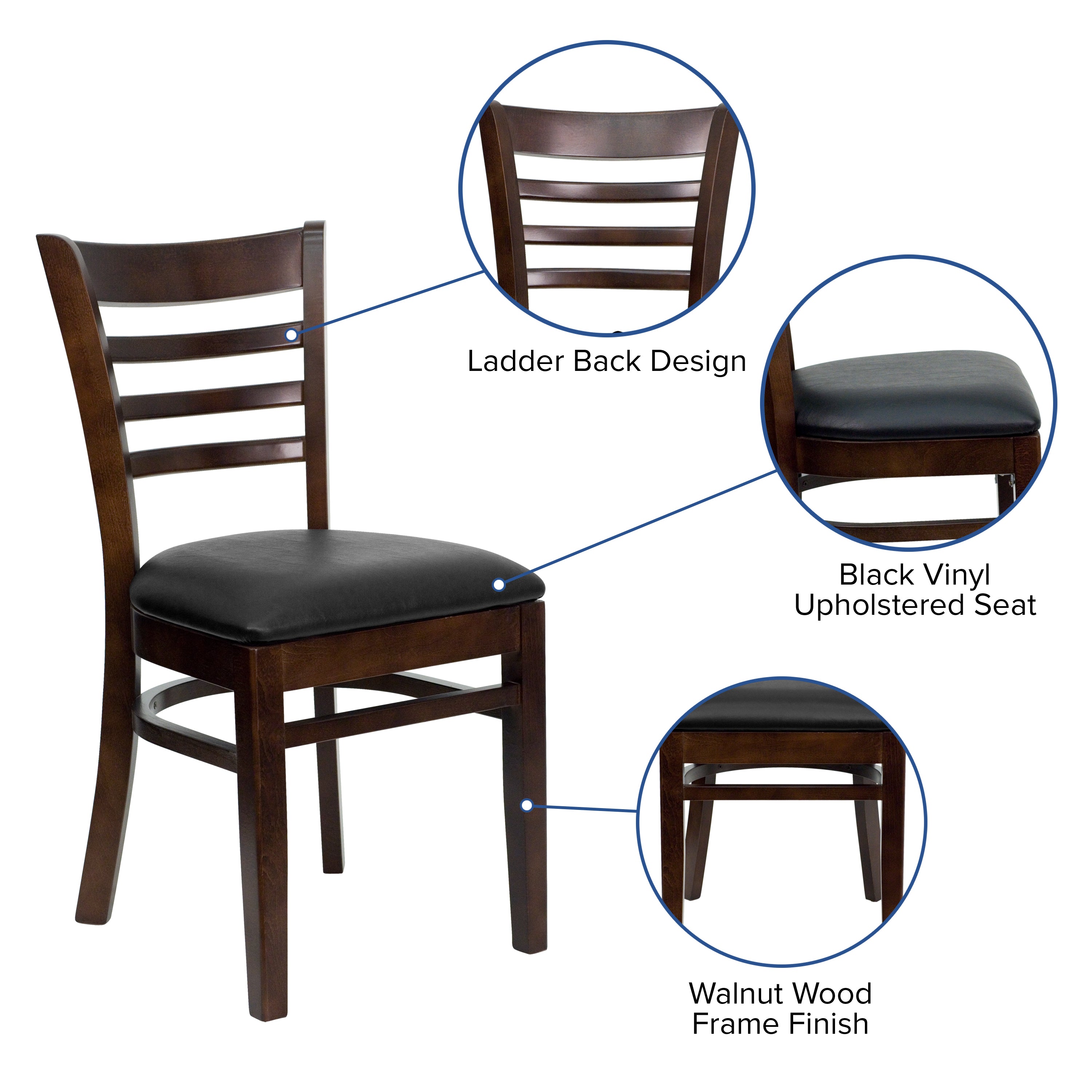 HERCULES Series Ladder Back Walnut Wood Restaurant Chair - Black Vinyl Seat