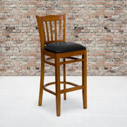 HERCULES Series Vertical Slat Back Cherry Wood Restaurant Barstool - Black Vinyl Seat