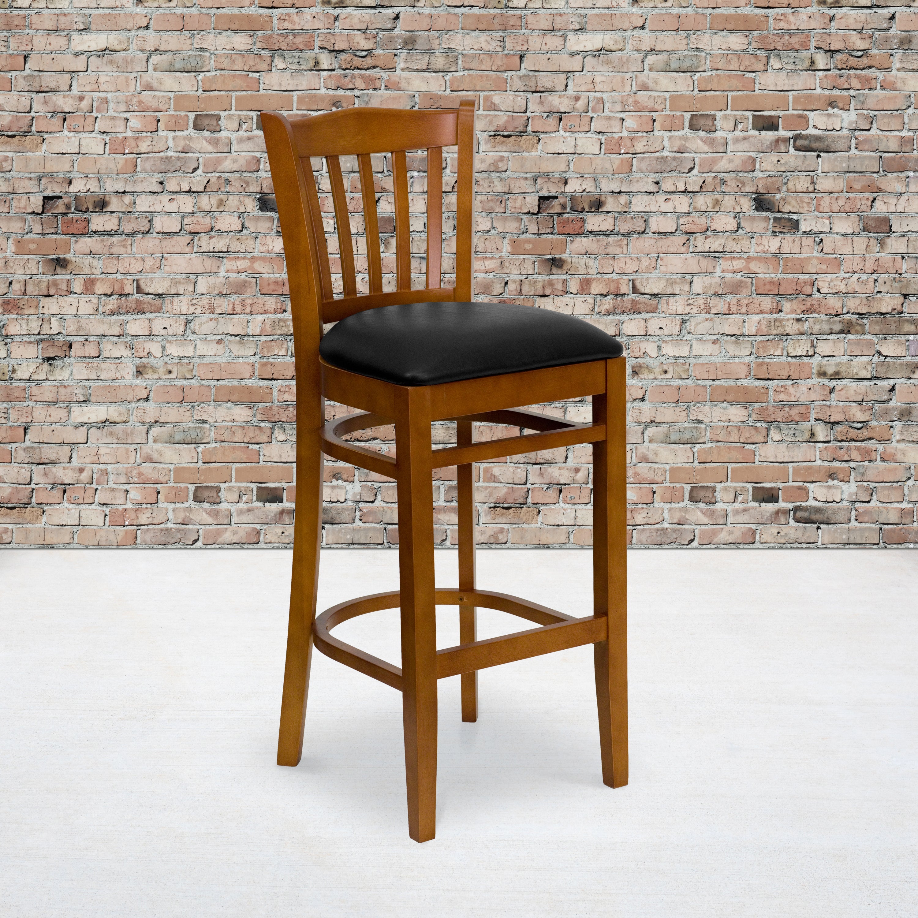 HERCULES Series Vertical Slat Back Cherry Wood Restaurant Barstool - Black Vinyl Seat