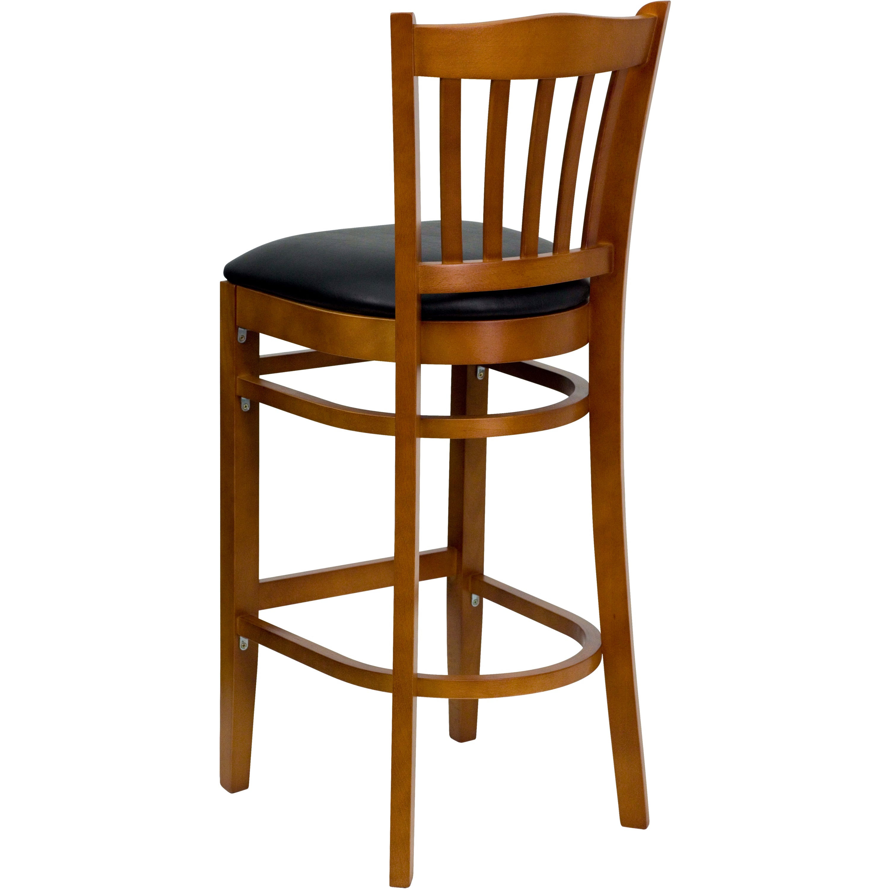 HERCULES Series Vertical Slat Back Cherry Wood Restaurant Barstool - Black Vinyl Seat