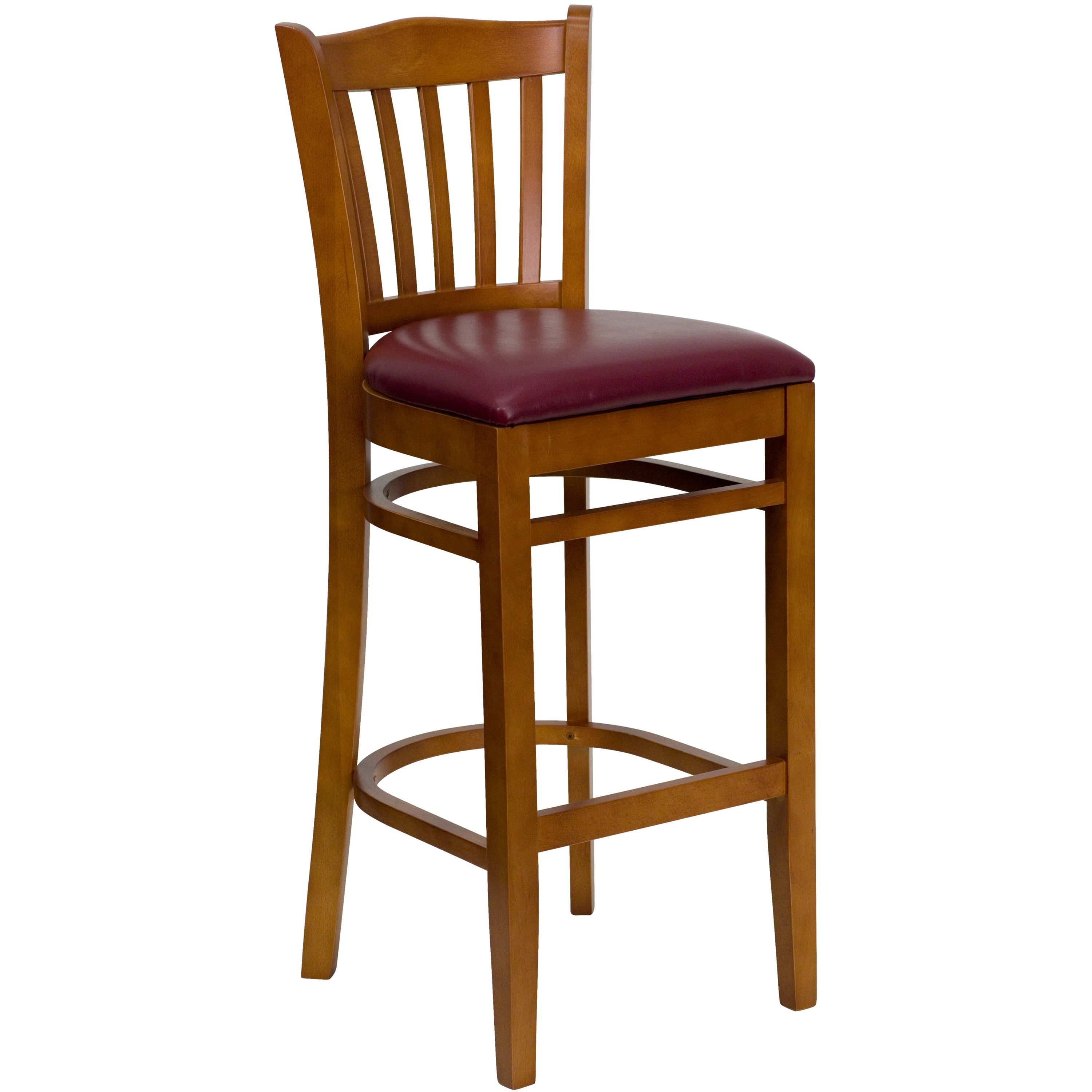 HERCULES Series Vertical Slat Back Cherry Wood Restaurant Barstool - Burgundy Vinyl Seat