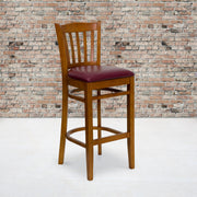 HERCULES Series Vertical Slat Back Cherry Wood Restaurant Barstool - Burgundy Vinyl Seat