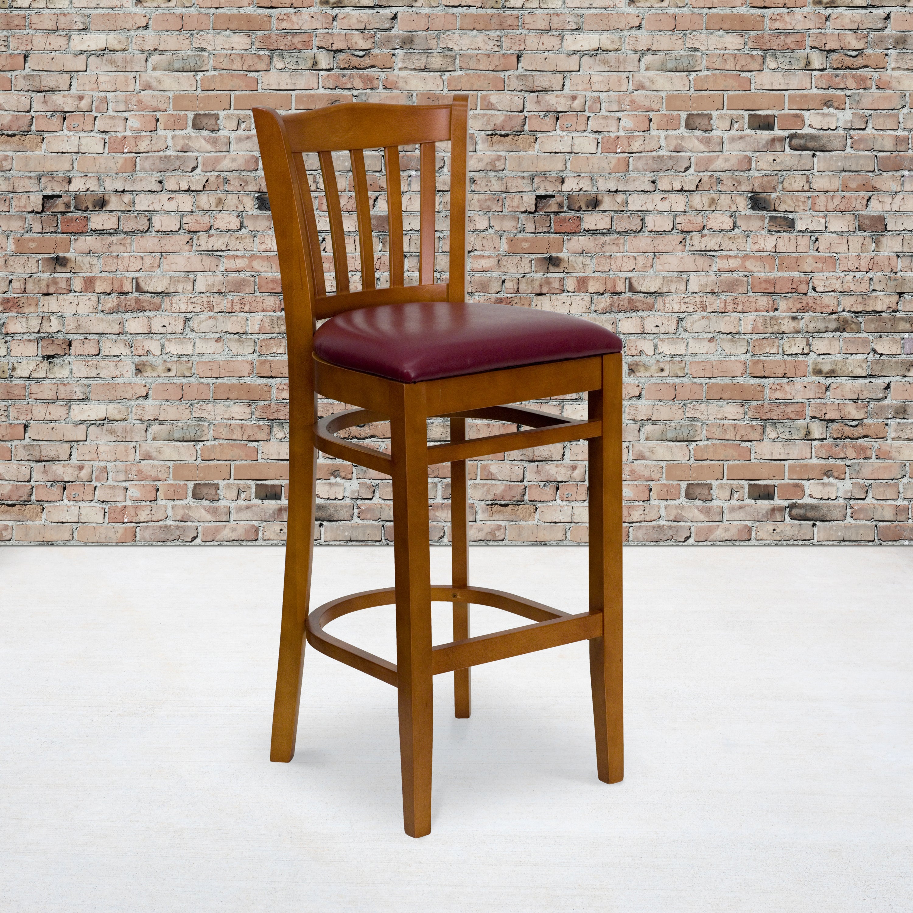 HERCULES Series Vertical Slat Back Cherry Wood Restaurant Barstool - Burgundy Vinyl Seat