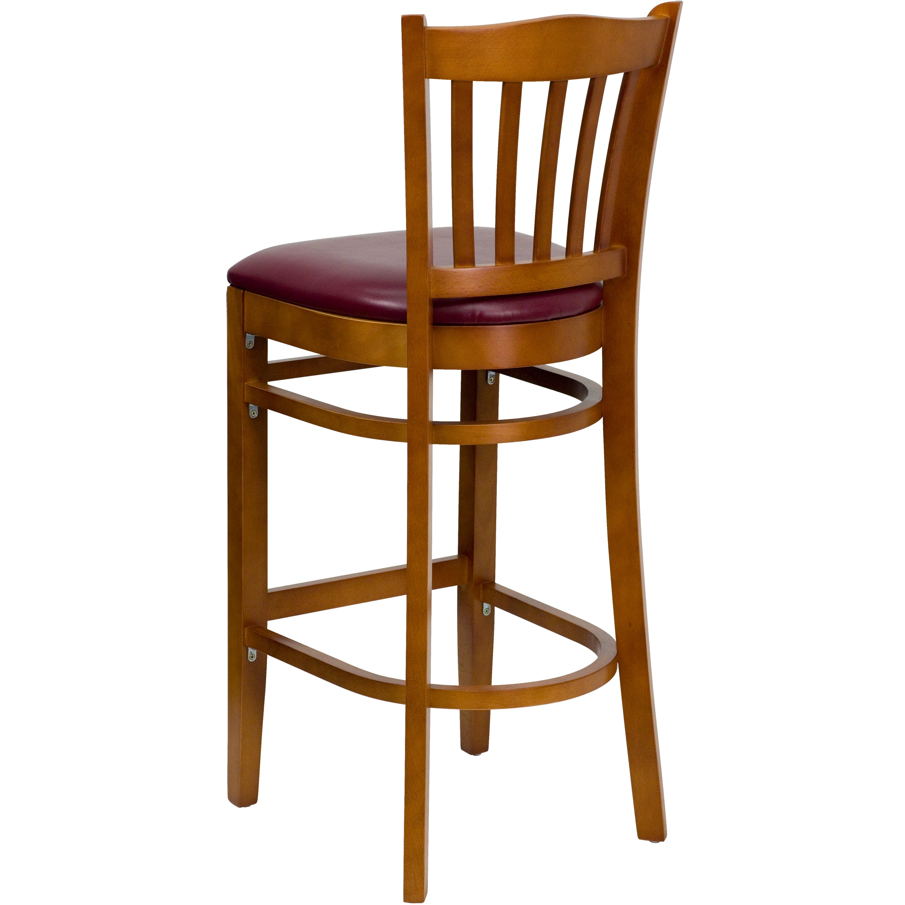 HERCULES Series Vertical Slat Back Cherry Wood Restaurant Barstool - Burgundy Vinyl Seat