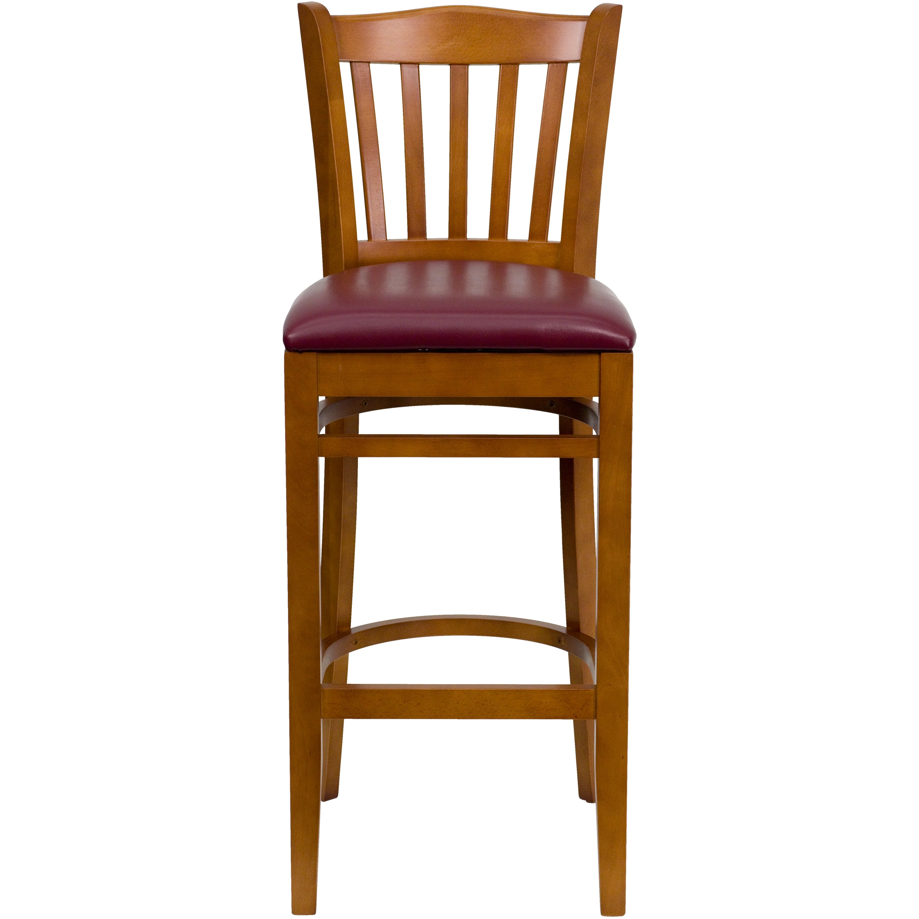 HERCULES Series Vertical Slat Back Cherry Wood Restaurant Barstool - Burgundy Vinyl Seat