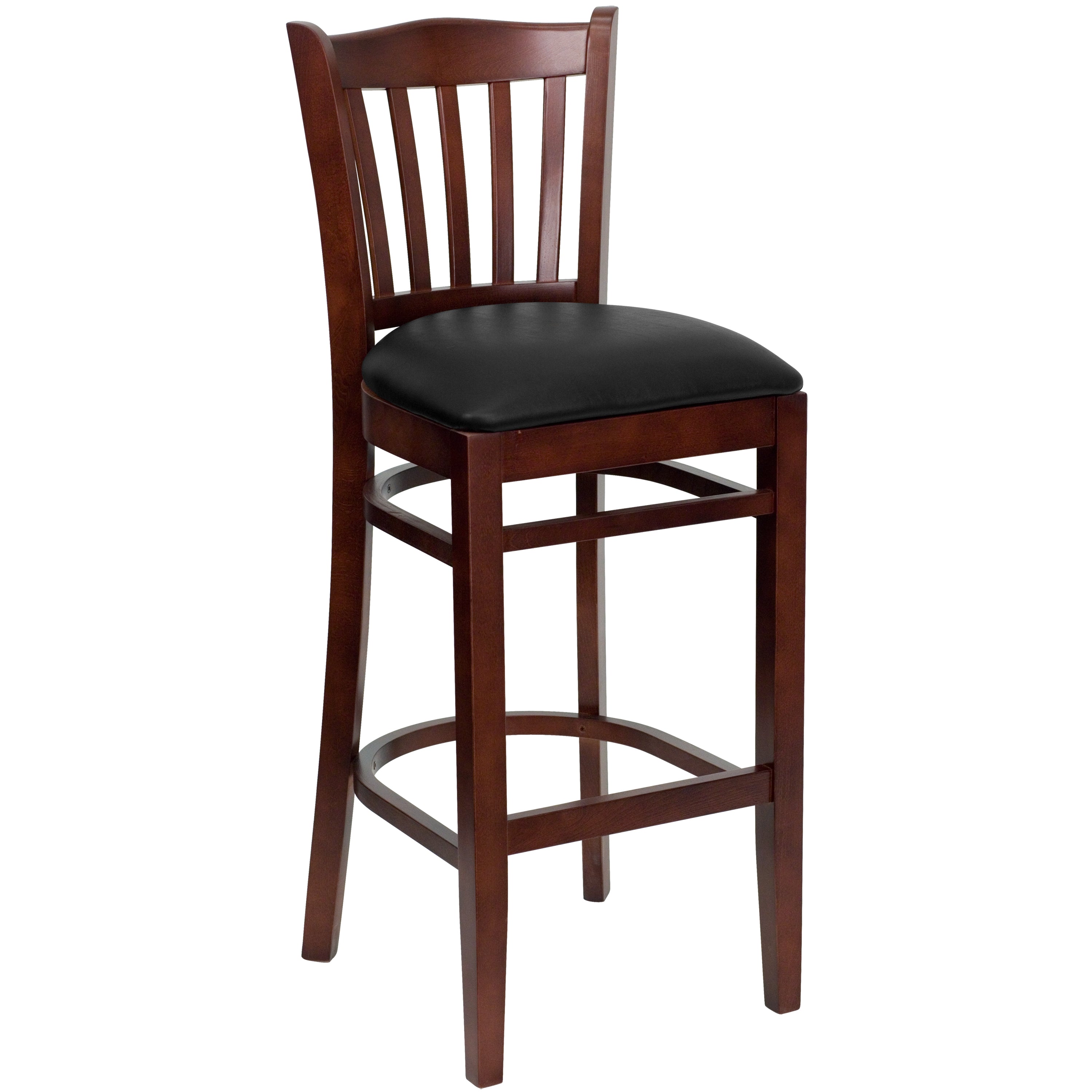 HERCULES Series Vertical Slat Back Mahogany Wood Restaurant Barstool - Black Vinyl Seat