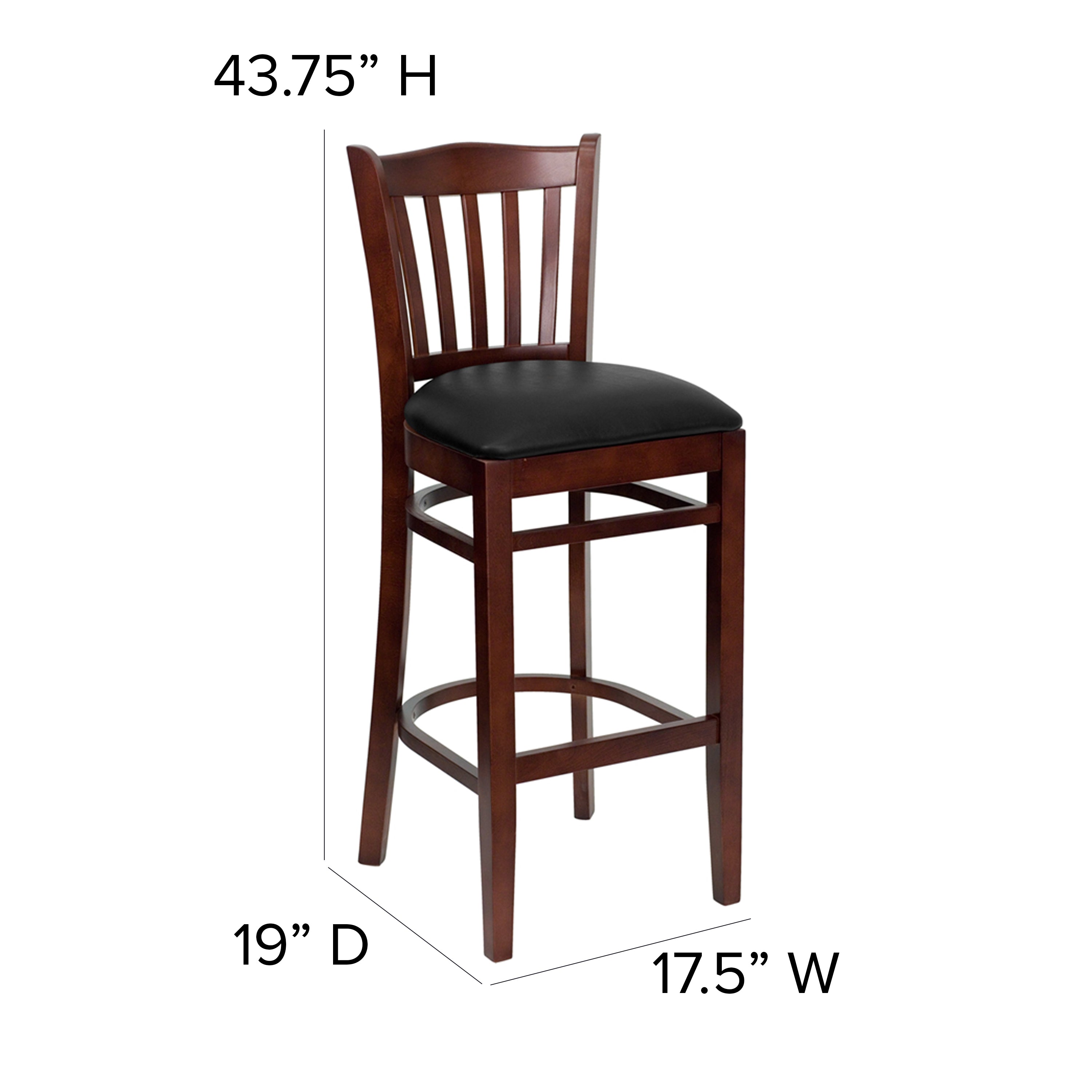 HERCULES Series Vertical Slat Back Mahogany Wood Restaurant Barstool - Black Vinyl Seat