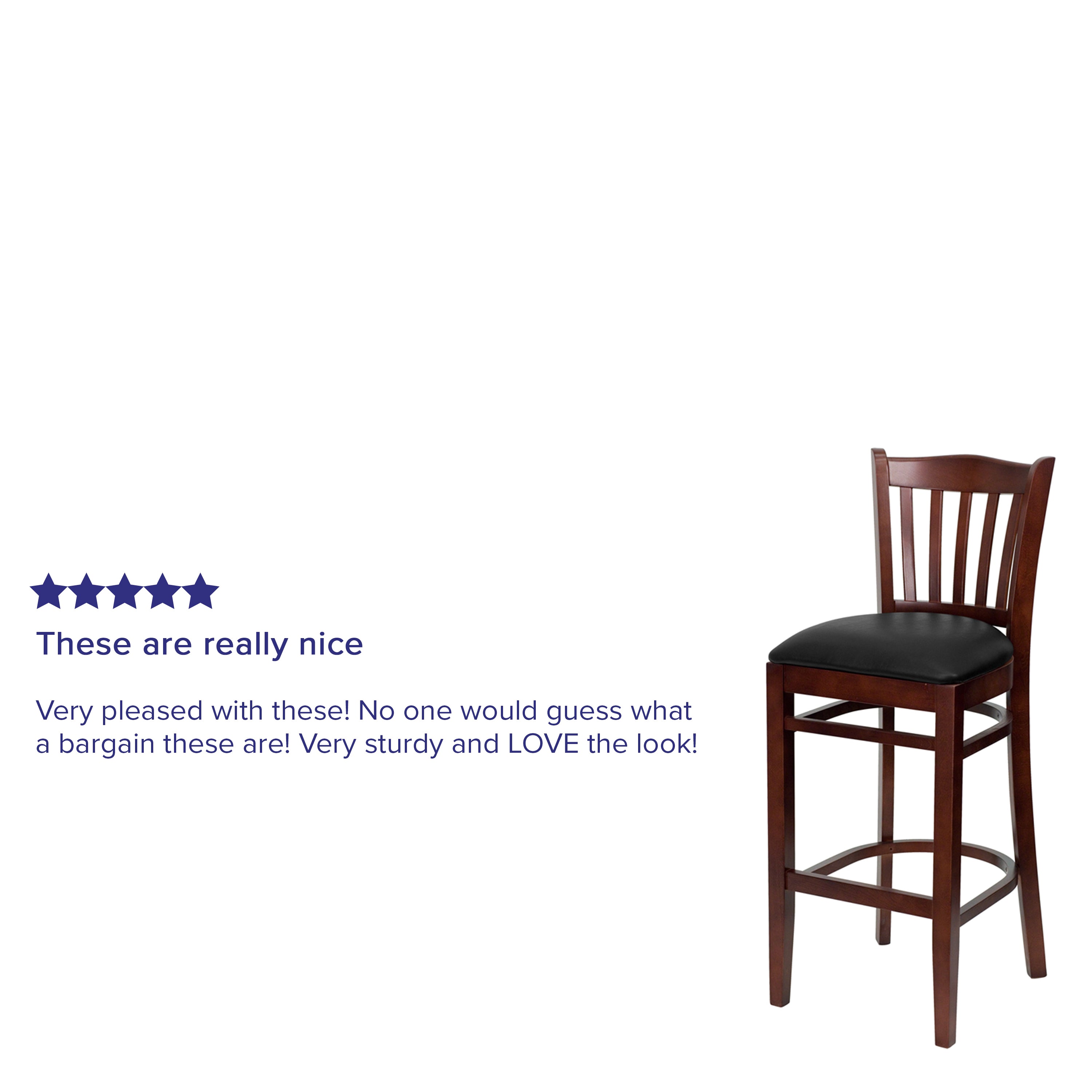 HERCULES Series Vertical Slat Back Mahogany Wood Restaurant Barstool - Black Vinyl Seat
