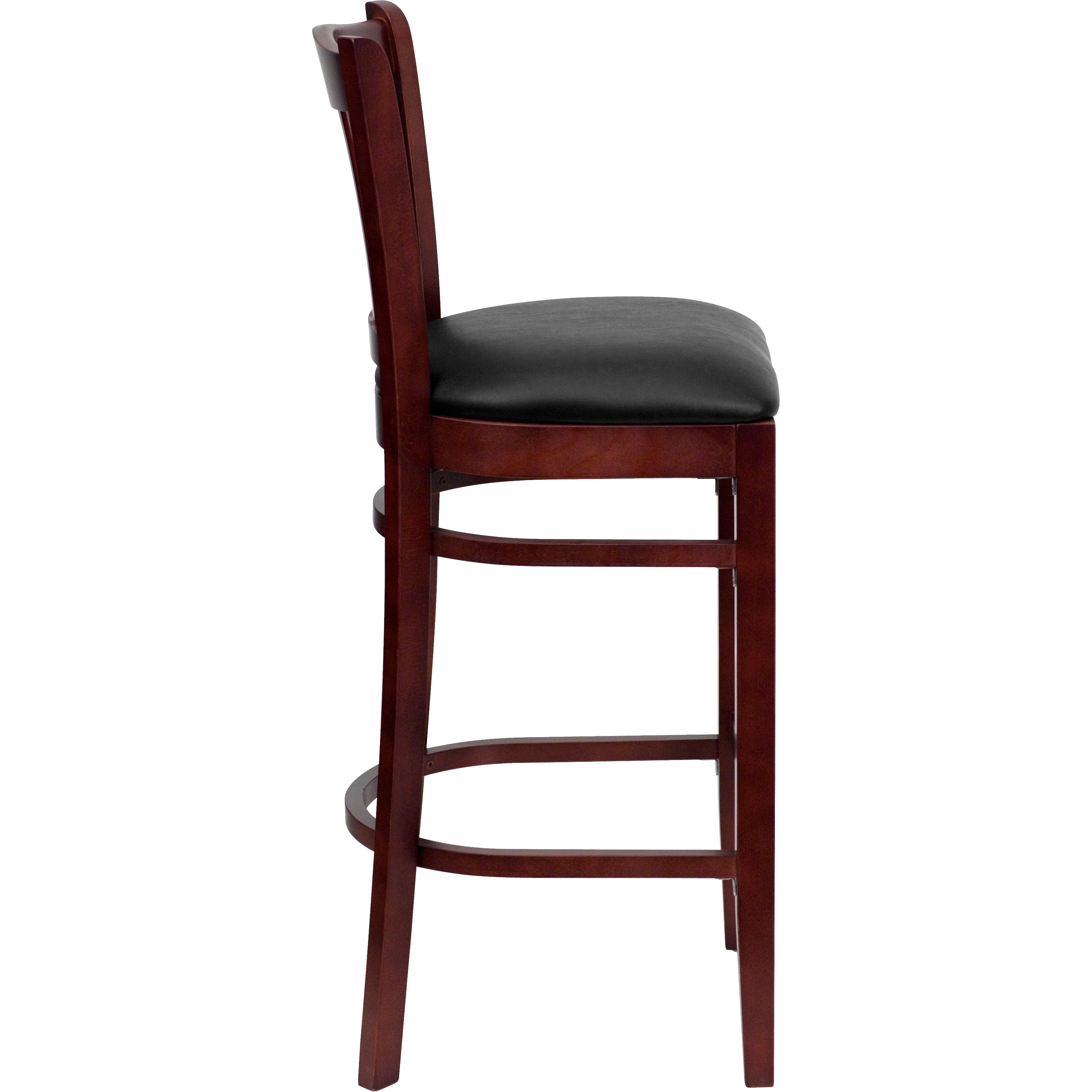 HERCULES Series Vertical Slat Back Mahogany Wood Restaurant Barstool - Black Vinyl Seat