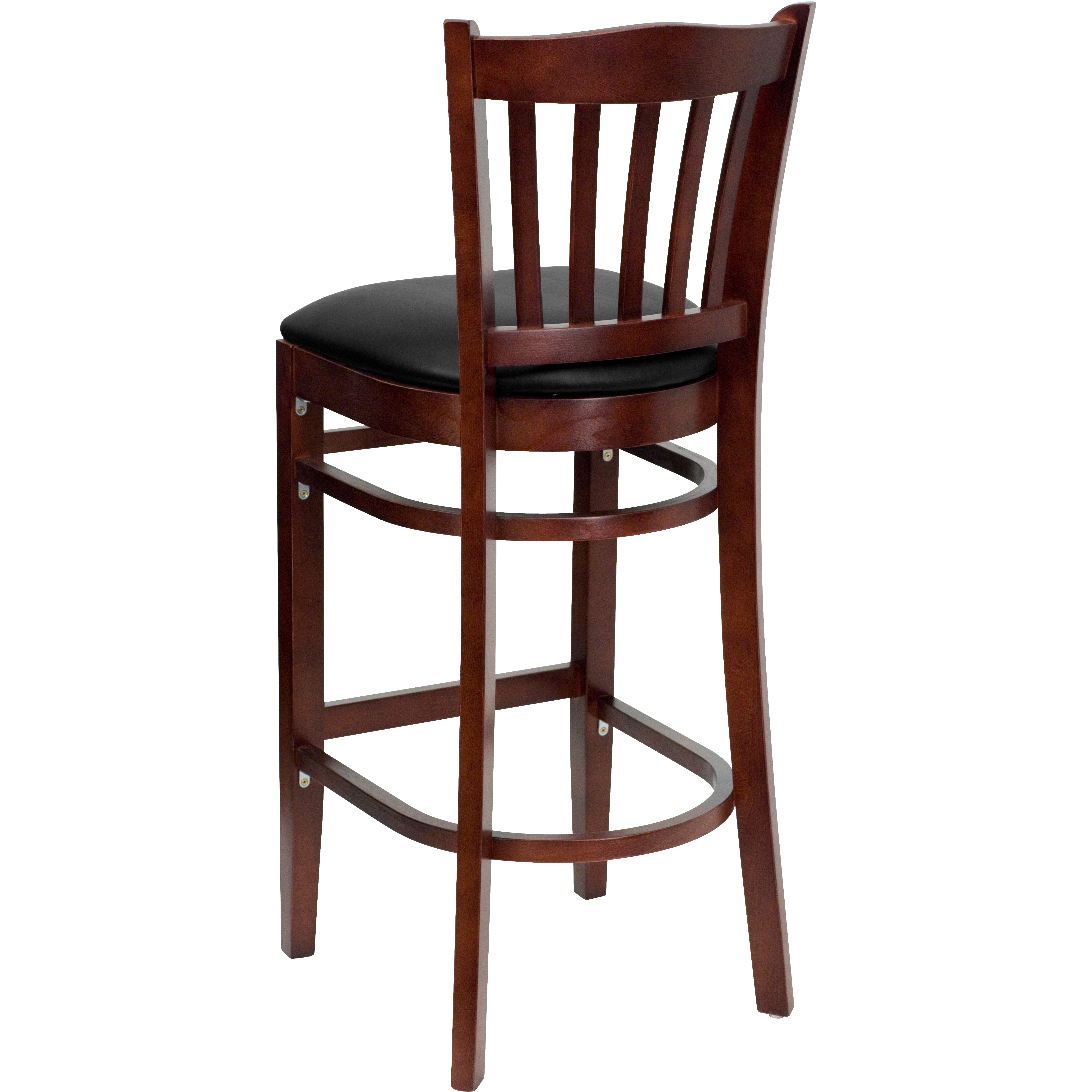 HERCULES Series Vertical Slat Back Mahogany Wood Restaurant Barstool - Black Vinyl Seat