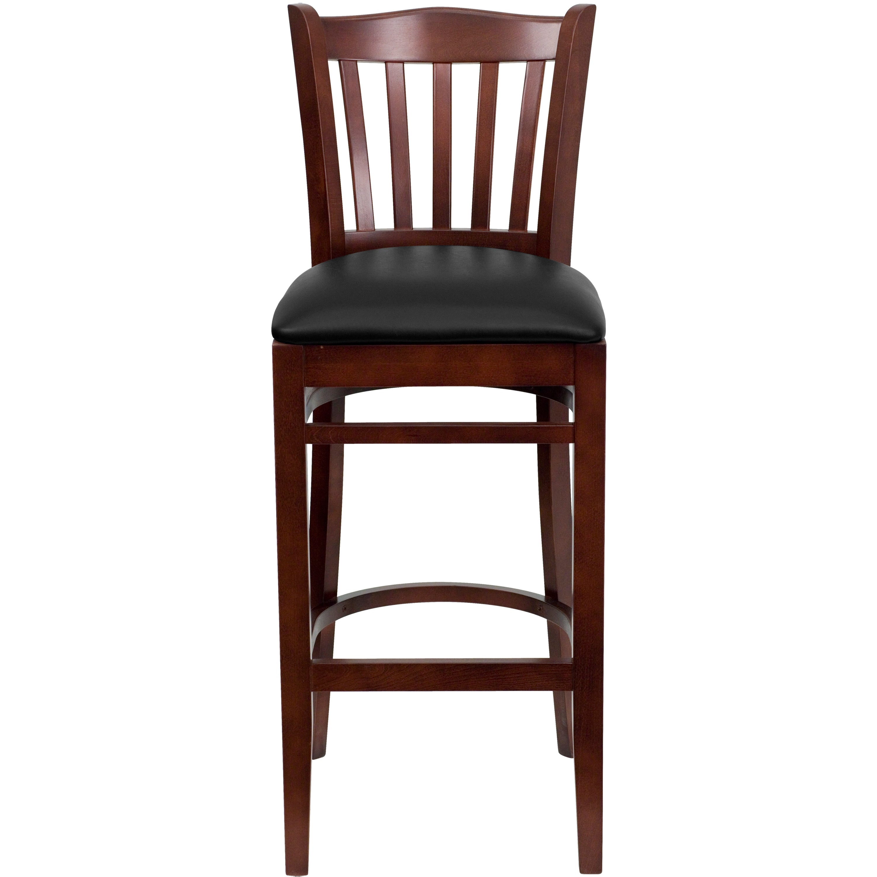 HERCULES Series Vertical Slat Back Mahogany Wood Restaurant Barstool - Black Vinyl Seat