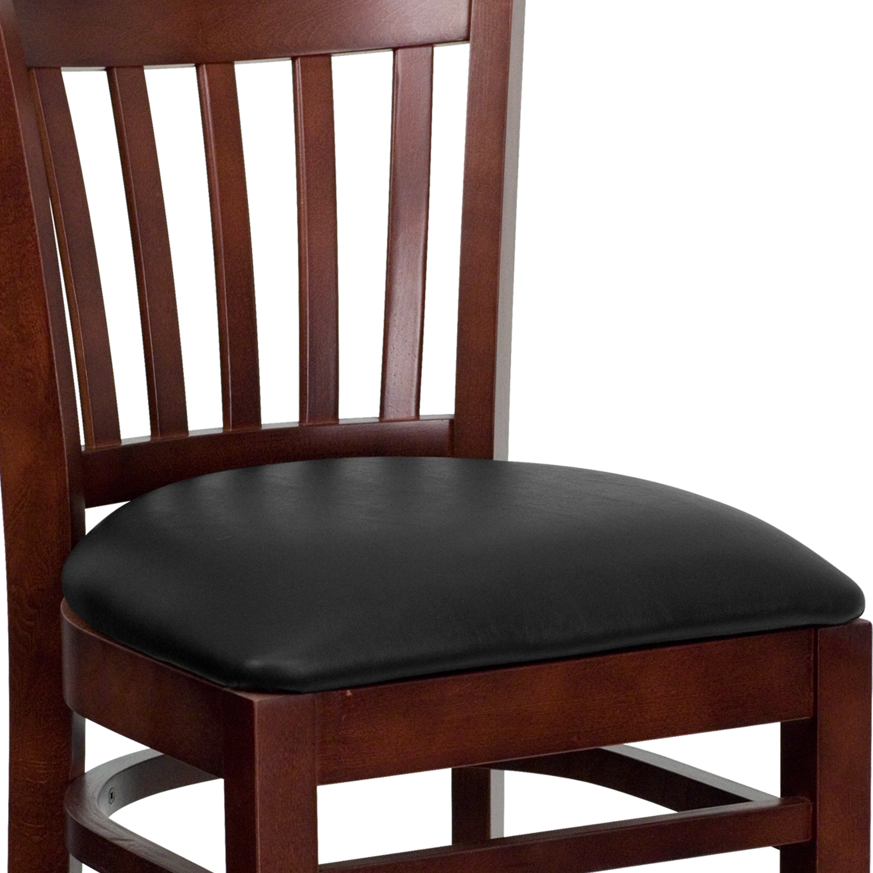 HERCULES Series Vertical Slat Back Mahogany Wood Restaurant Barstool - Black Vinyl Seat