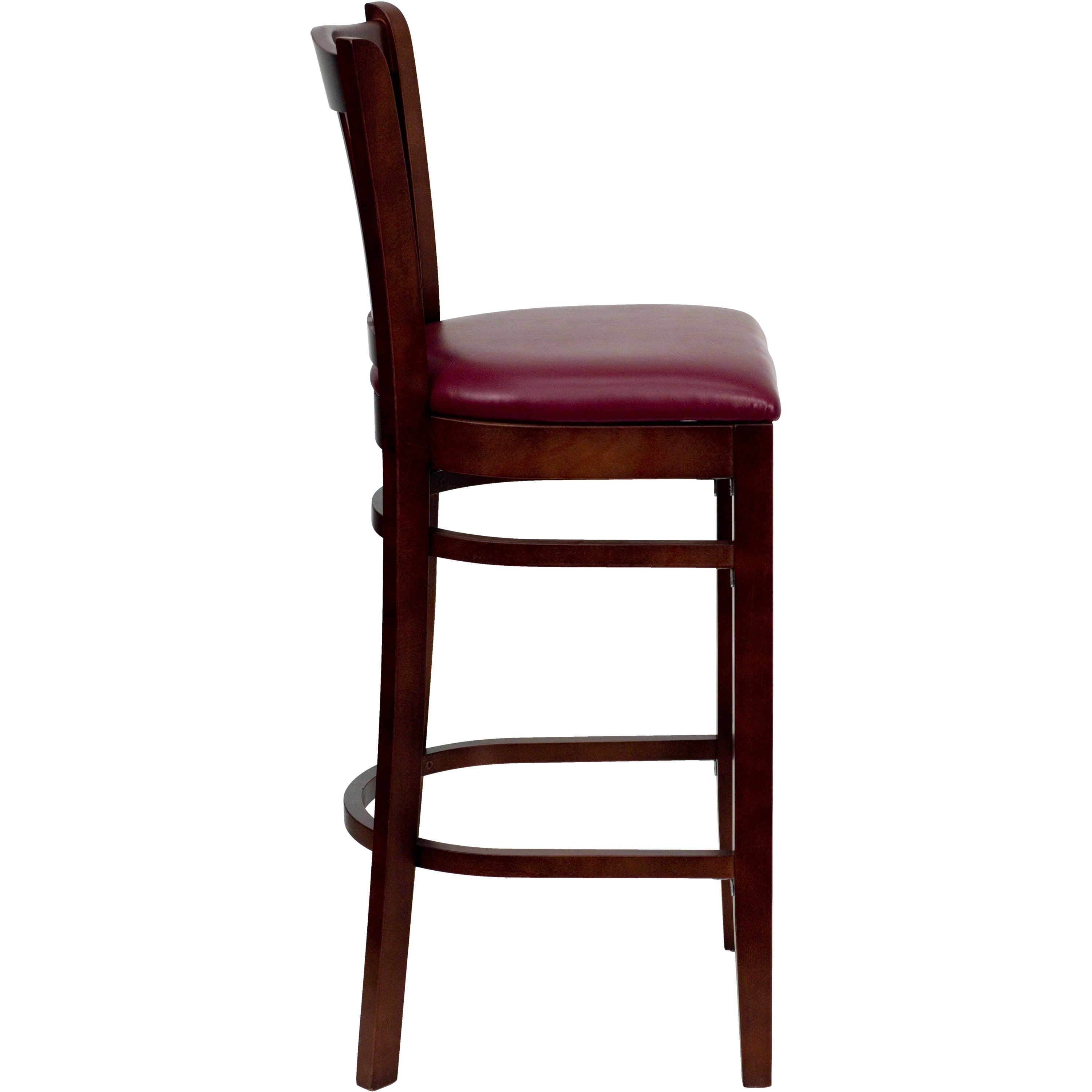 HERCULES Series Vertical Slat Back Mahogany Wood Restaurant Barstool - Burgundy Vinyl Seat