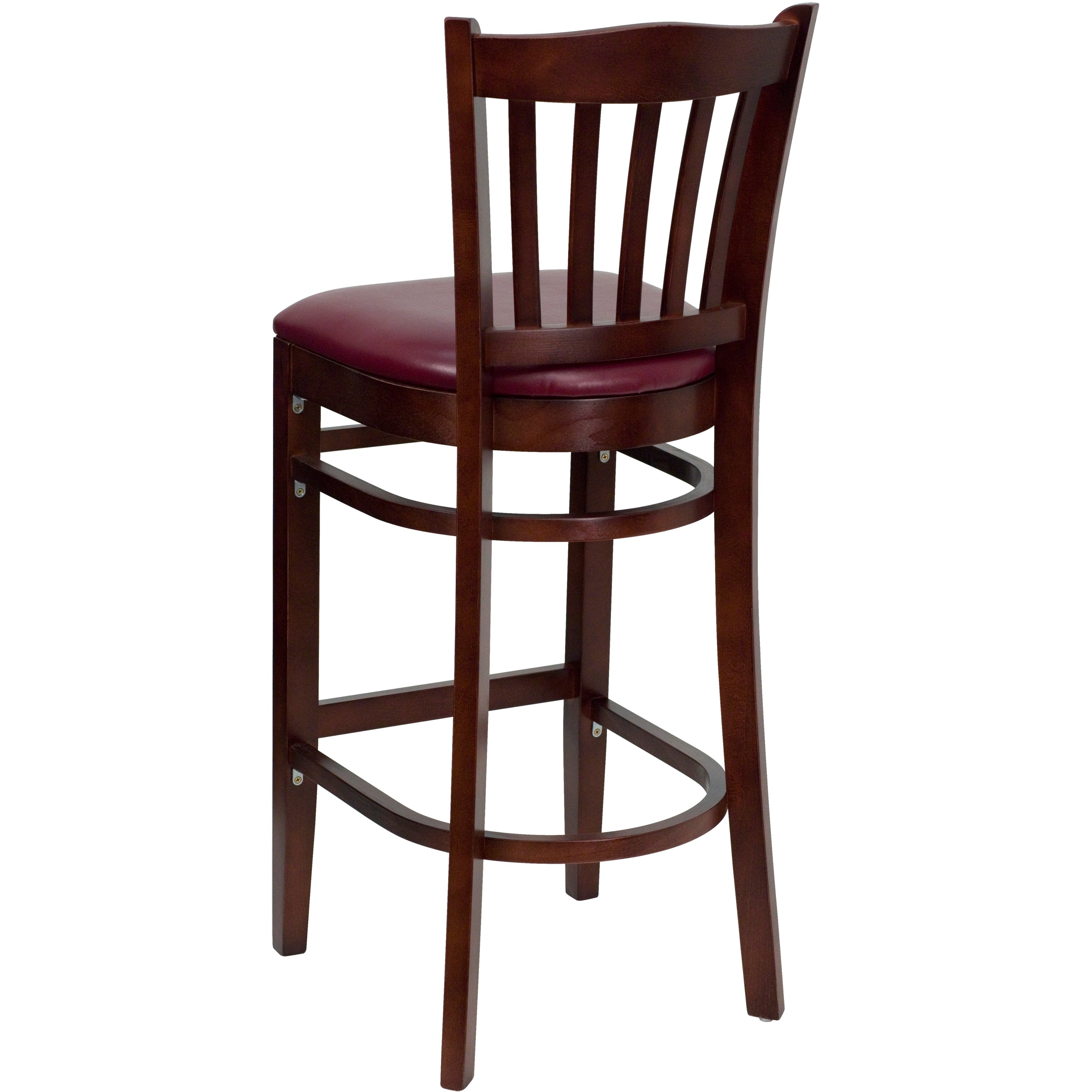 HERCULES Series Vertical Slat Back Mahogany Wood Restaurant Barstool - Burgundy Vinyl Seat