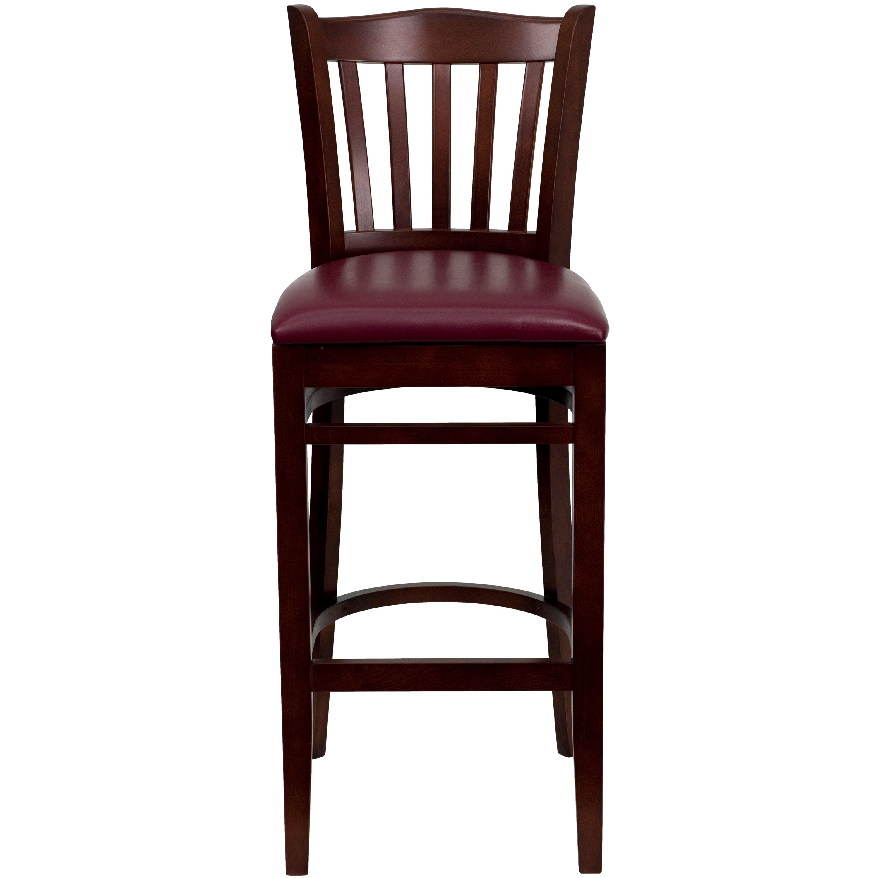 HERCULES Series Vertical Slat Back Mahogany Wood Restaurant Barstool - Burgundy Vinyl Seat