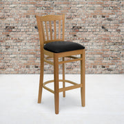 HERCULES Series Vertical Slat Back Natural Wood Restaurant Barstool - Black Vinyl Seat