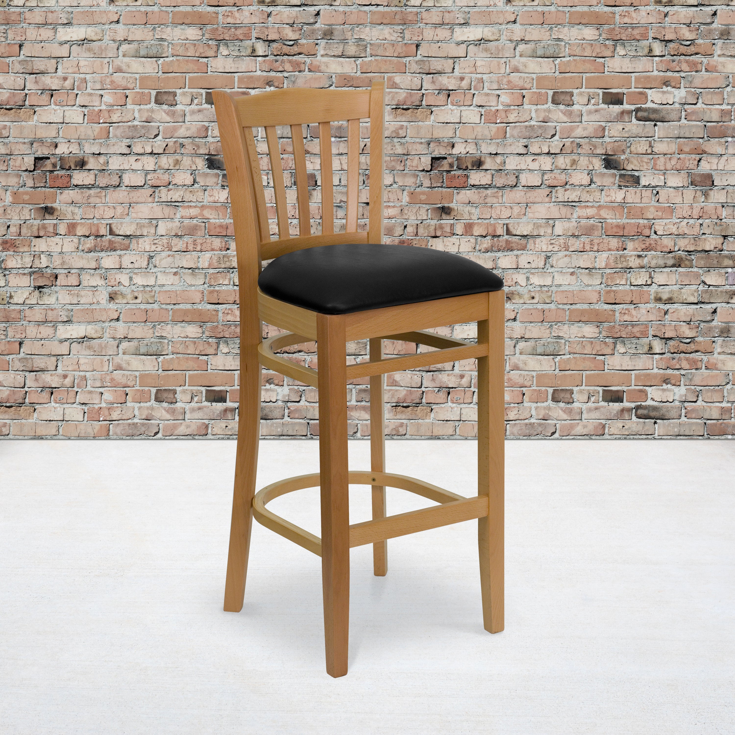 HERCULES Series Vertical Slat Back Natural Wood Restaurant Barstool - Black Vinyl Seat