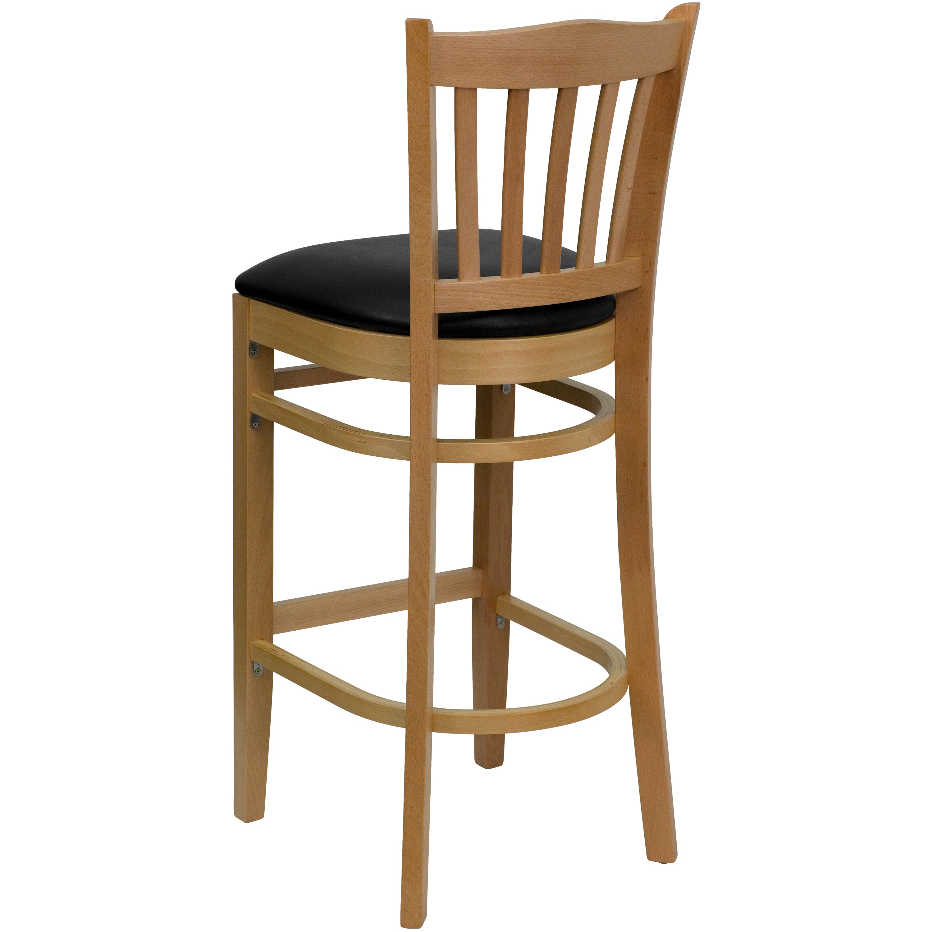 HERCULES Series Vertical Slat Back Natural Wood Restaurant Barstool - Black Vinyl Seat